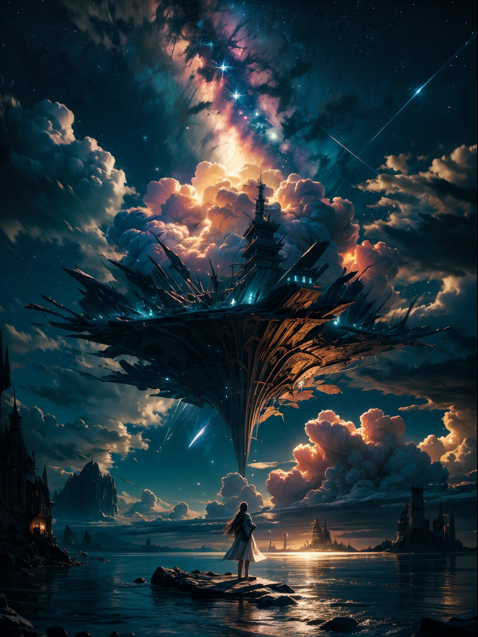 Uma menina olhando para a noite estrelada, Estrelas, Cloud, estrelas cadentes, lua cheia, Olhando para o Viewer, (Menina Foco:0.6)quebrar,circunstanciado,Realistic,Arte digital altamente detalhada em 4k,octan render, bioluminescente, break 8K resolution concept art, realismo,by Mappa Studios,master part,best quality,Arte Oficial,illustration,Linha clara,(Fresco_Cor),perfect composition,absurdos, fantasia,concentrado,regra de terceiro