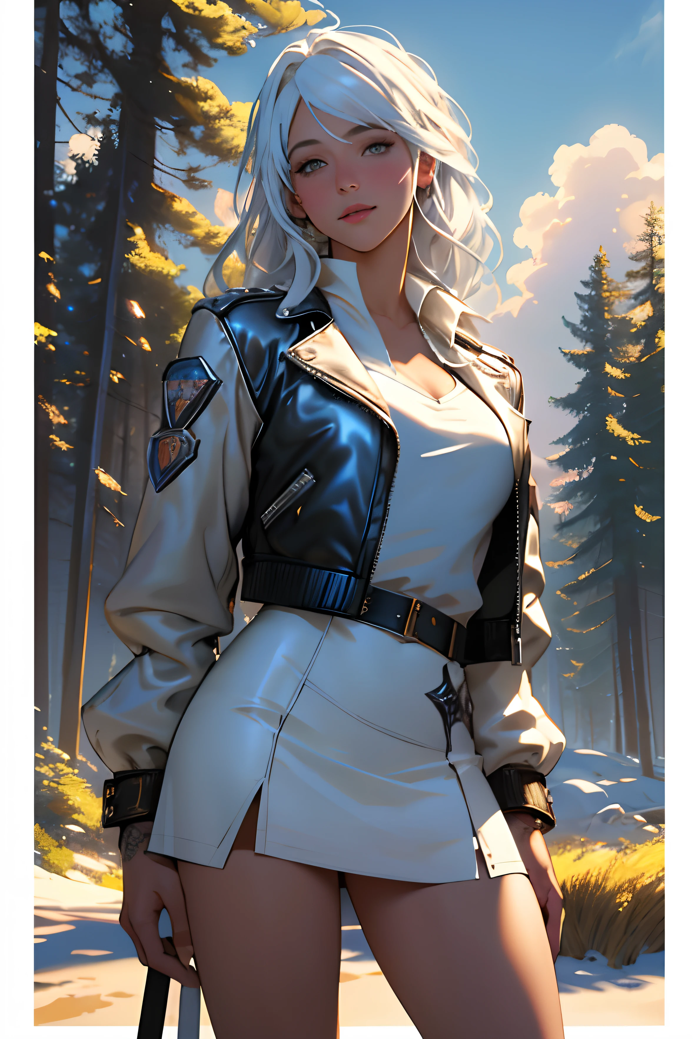 1girl, yellow hair, white jacket, black t shirt , black short jeans , round earings, red lips , standing on a snowy capped mountains, dazzling sunset, Sunset light streaks, top to bottom view, highly detailed, cinematic , trending on Pixiv, digital illustration, sexy woman, athletic physique, exposed cleavage