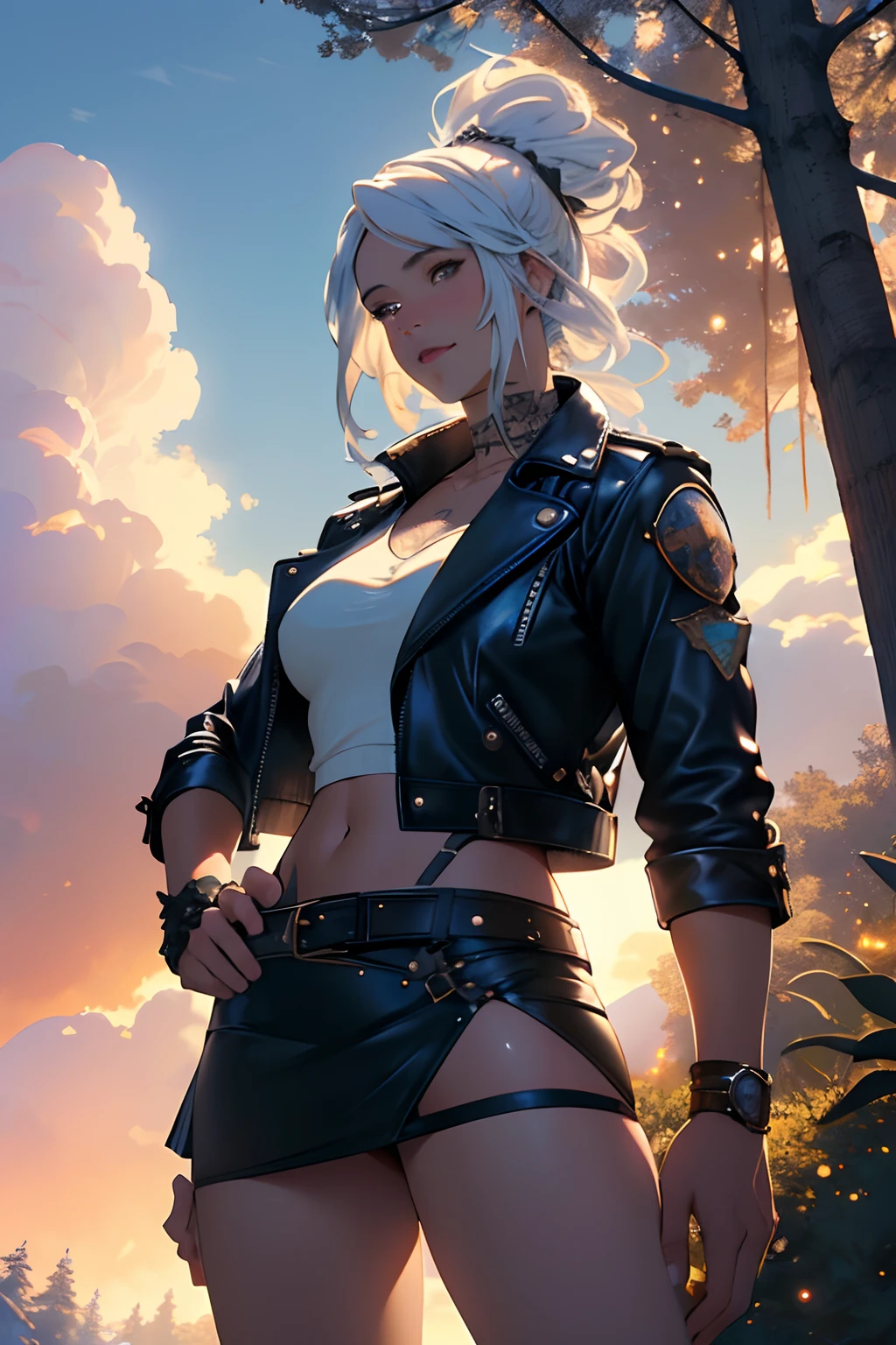angel white hair and beard, in the sky with clouds, long clothes, style Livia Prima and Magali Villeneuve, fantasy, masterpiece, best quality, high resolution, realistic, perfect work Sunset, highly detailed, illustration, 8k, ultra high quality, classy Punk girl, sexy, colourfull illustration, DreamWorks, leather jacket and miniskirt, forest