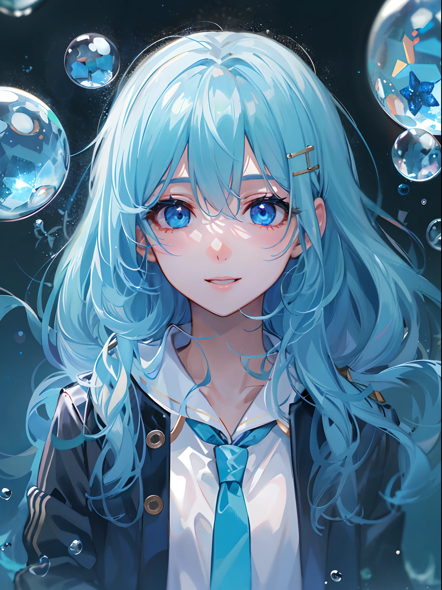 ((top-quality)), ((​masterpiece)), ((ultra-detailliert)), (extremely delicate and beautiful), girl with, 独奏, cold attitude,((Black jacket)),She is very(relax)with  the(Settled down)Looks,A dark-haired, depth of fields,evil smile,Bubble, under the water, Air bubble,bright light blue eyes,Inner color with light blue hair and light blue tips,Cold background,Bob Hair - Linear Art, shortpants、knee high socks、White uniform like school uniform、Light blue ribbon ties、Clothes are sheer、Hands in pockets、Bright eyes like sapphires,flourescent blue, There was a little blue light floating around、Upper eyes、