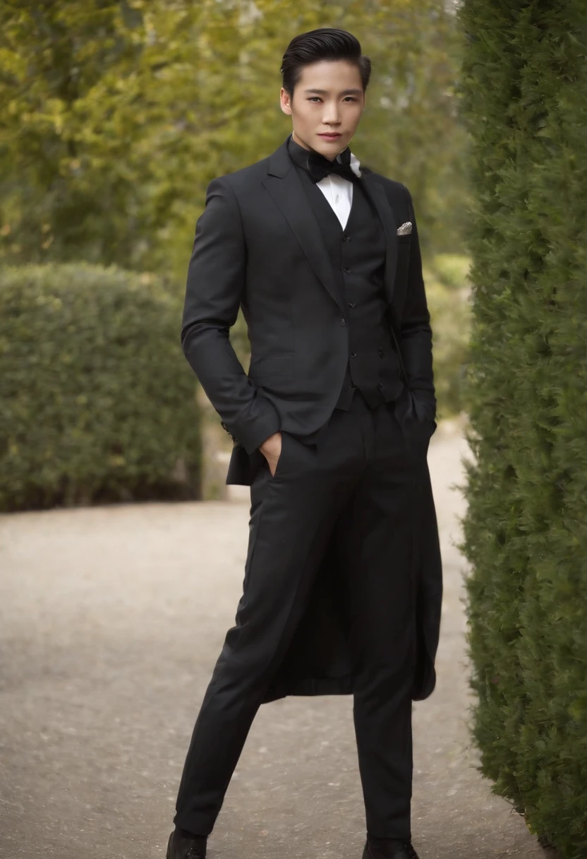 1. **Full body black style**: Wearing a black suit, shirt, tie, pocket square, and black leather gloves, it has a very chic and sophisticated appearance.
2. **Noh mask**: I wear a Noh mask with a smile on my face, and I use it as an element to hide my emotions. ( It's a woman)