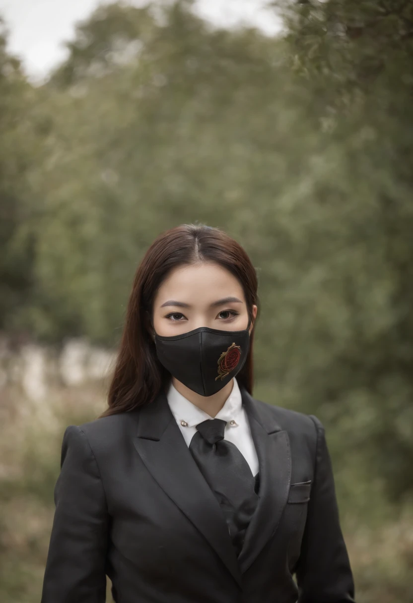 1. **Full body black style**: Wearing a black suit, shirt, tie, pocket square, and black leather gloves, it has a very chic and sophisticated appearance.

2. **Noh mask**: I wear a Noh mask with a smile on my face, and I use it as an element to hide my emotions. ( It's a woman)