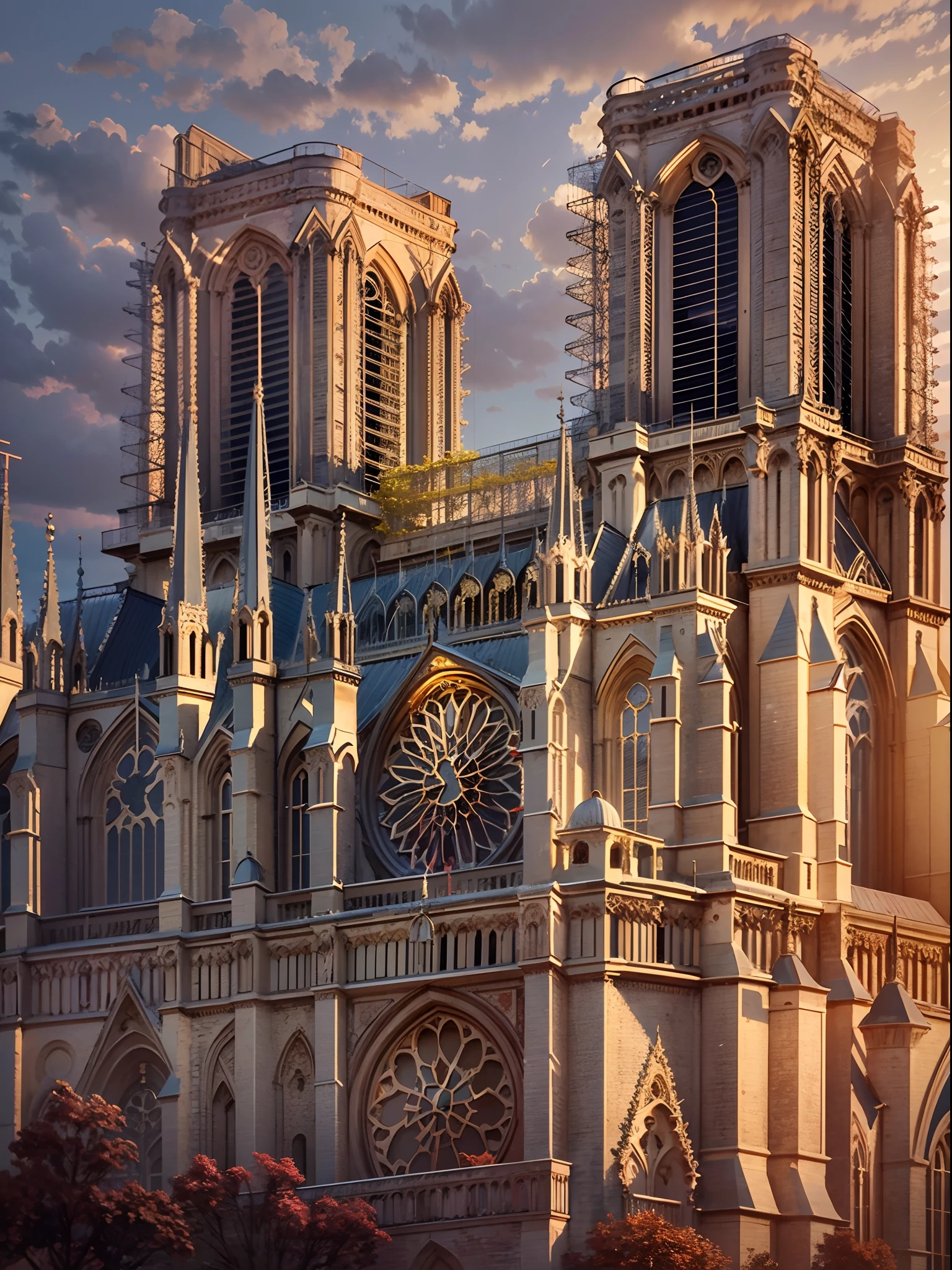 Notre Dame Cathedral, realistic,  evening sunset effects, masterpiece, best quality, 24K UHD, Nvidia RTX Ray tracing, DLSS 3 effects, classic art, beautiful of Notre Dame Cathedral