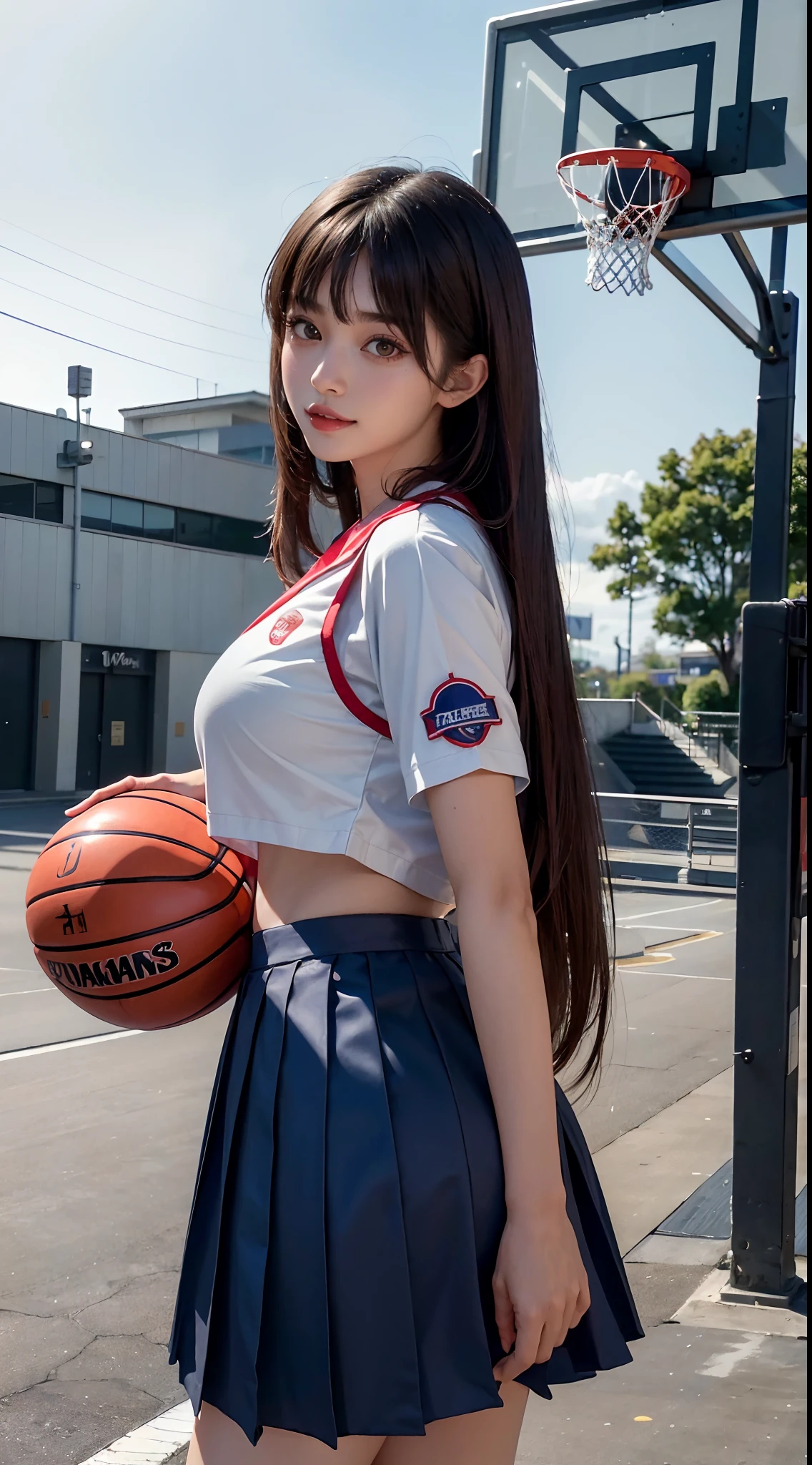 (RAW photo, 4k, masterpiece, high resolution, extremely complex) (realistic: 1.4), cinematic lighting
1 Girl,Slam Dunk's haruko akagi,anime character,blushing,((innocent)),smile,Solo Focus, bright eyes,round eyes,blunt bangs,((straight hair:1.3)),black hair,slim waist,wide hips,Summer Noon, sunlight,Hot, (Best Quality), (Highres), (an Extremely Delicate and Beautiful),(Beautiful 8k face),(Brown eyes),(ulzzang-6500:1.0),(solo),( spectators),(gigantic breasts),(Slam Dunk),(Japanese high school uniform:1.3),blue skirt,((Play basketball)),((gymnasium)),((speed)),(reality),Basketball Court,bright lighting
