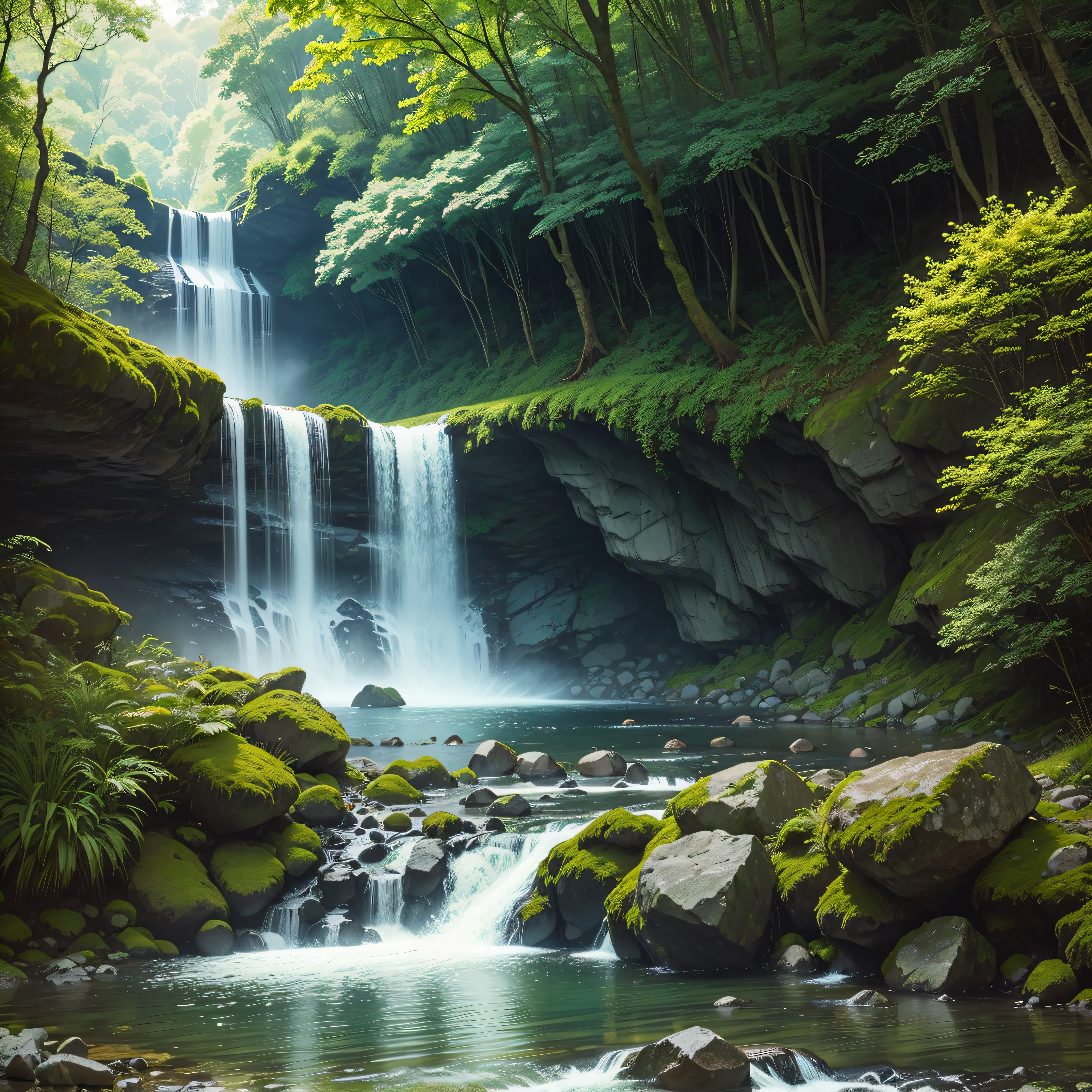 waterfall, water, forest, nature, river, cascade, landscape, green, stream, tree, fall, park, tropical, rock, stone, jungle, lake, flow, spring, scenery, trees, moss, mountain, fresh, pond