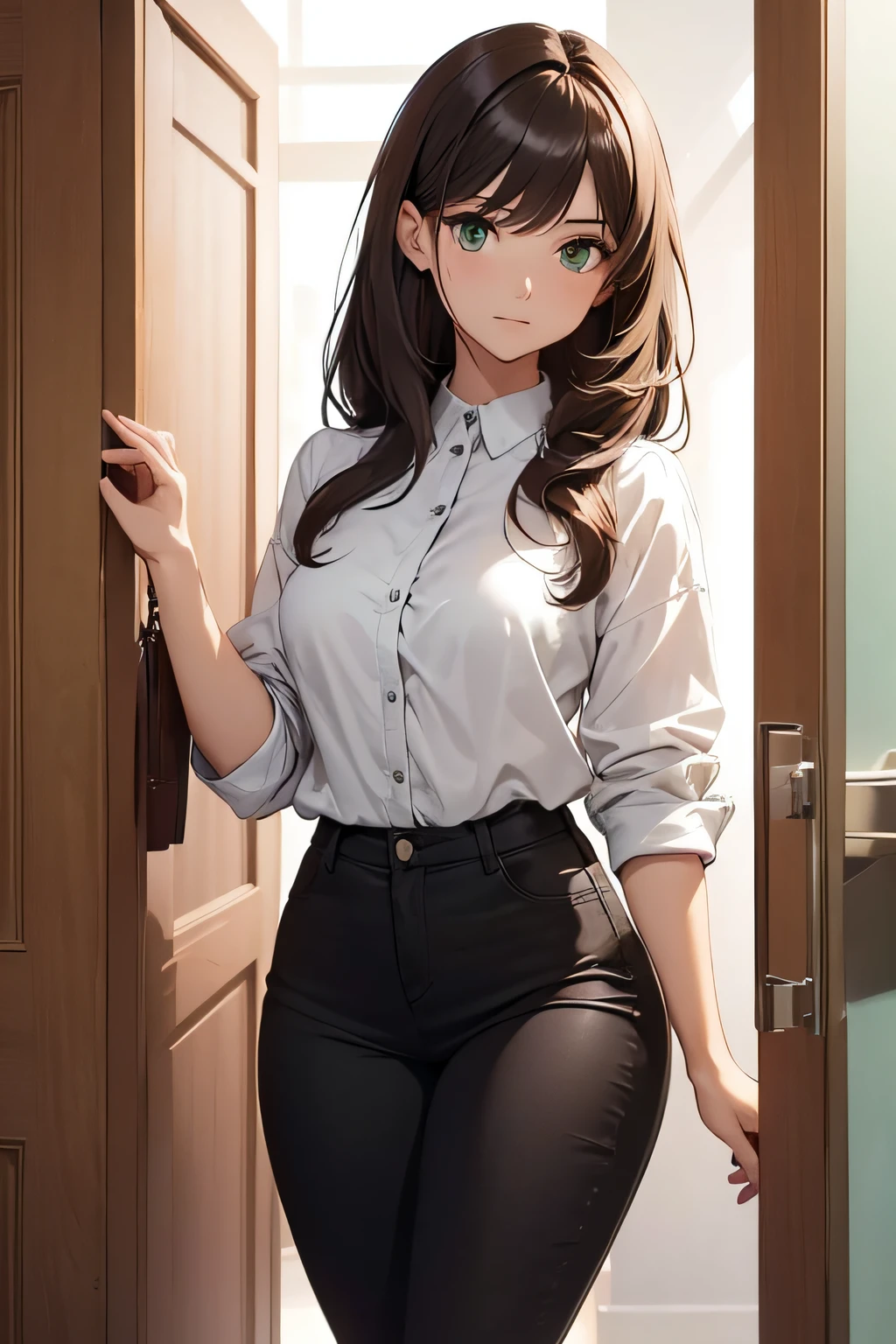 A 28-year-old clinical laboratory technician named Mia, standing at 168cm with a slender figure, dark brown hair and emerald green eyes. She is wearing her favorite casual monochrome attire, black skinny jeans and a white blouse. Mia embodies a curious and analytical demeanor, always on the quest for new knowledge and experiences. She is extending her hand towards a book, a symbol of her unending quest for knowledge, with a serene and contemplative expression as she steps into the unknown, seeking the door of 'Wisdom' that beckons to the core of her adventurous spirit