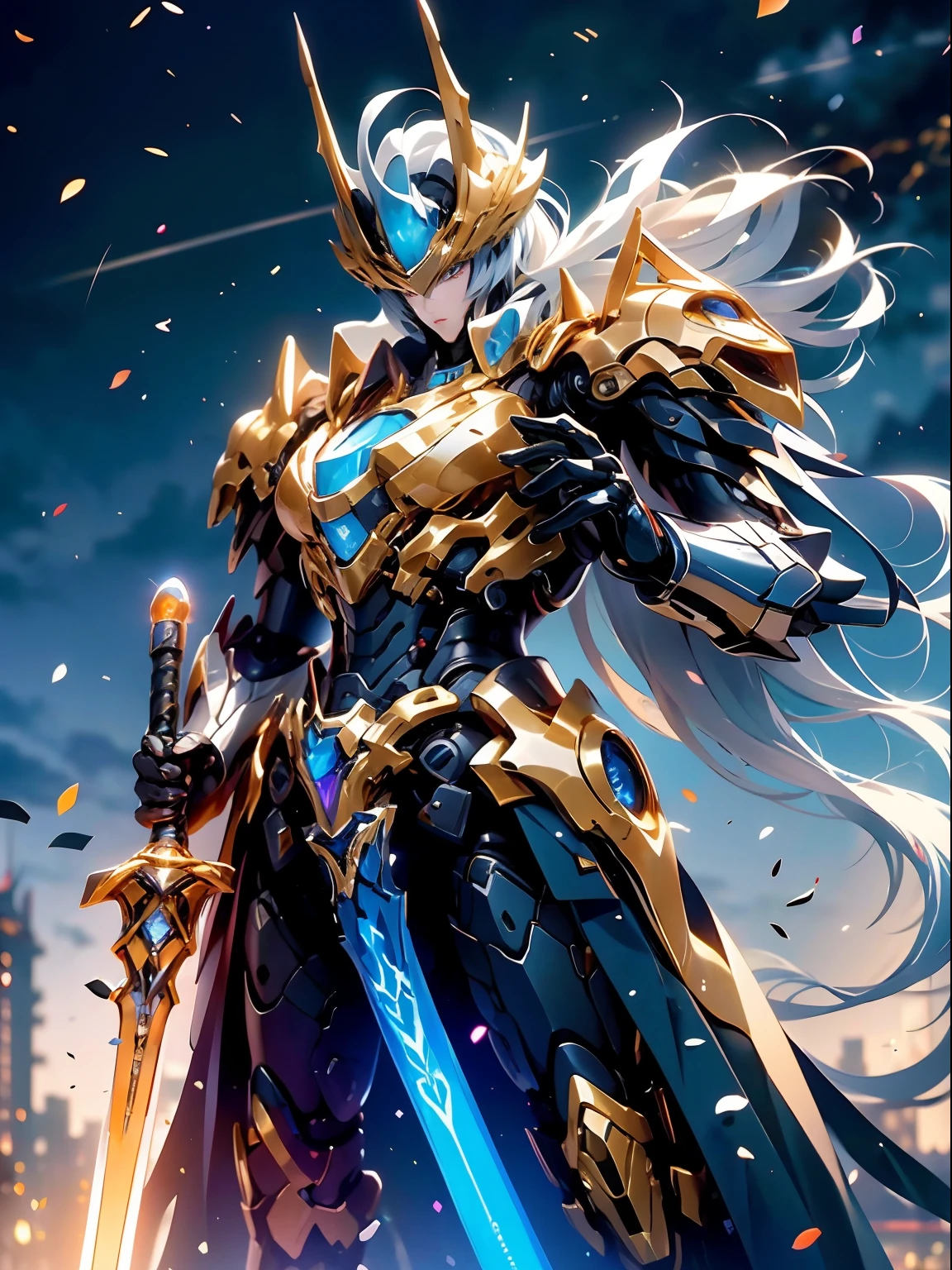 Super masterpiece, best qualtiy, High quality, (A futuristic:1.1), (Paladins armed with lightsabers, light magic, divine, Mage Wave, Silver and Gold), 电影灯光, (exquisite future), Beautiful and beautiful, ultra-detailliert, amazing composition, floating, depth of fields, (Very detailed CG,Unity 8k壁纸), (beautiful detail background), beautiful hair details, dramatic lights, gogetta, mechs,best qualtiy,超A high resolution,Photorealistic