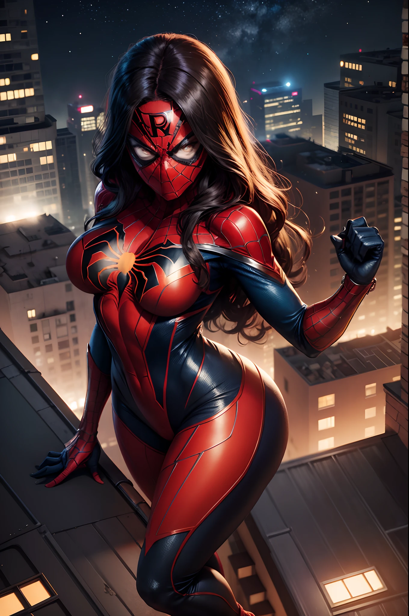 Villain Spider-Woman, Short white hair bob, Mask on the whole face, tight blue suit, on roof, night city, luna, higly detailed, Realistic full-length photo
