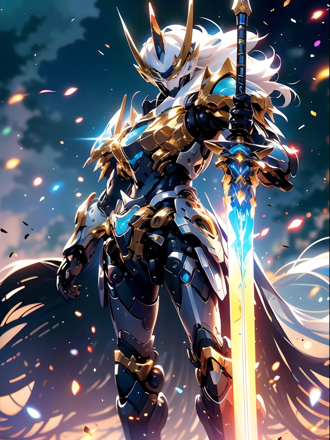 Super masterpiece, best qualtiy, High quality, (A futuristic:1.1), (Paladins armed with lightsabers, light magic, divine, Mage Wave, Silver and Gold), 电影灯光, (exquisite future), Beautiful and beautiful, ultra-detailliert, amazing composition, floating, depth of fields, (Very detailed CG,Unity 8k壁纸), (beautiful detail background), beautiful hair details, dramatic lights, gogetta, mechs,best qualtiy,超A high resolution,Photorealistic