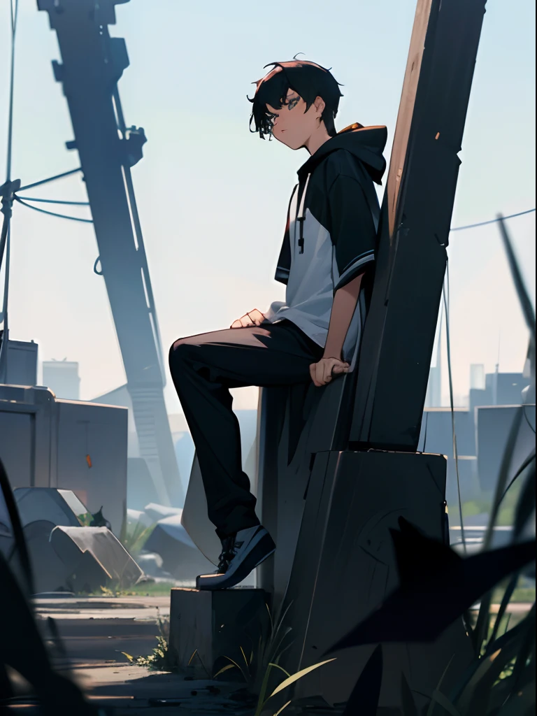 18 years old, boy, black hair, blue eyes, white tshirt and black hoodie, indifferent, standing on a battlefield, a black cat with green eyes sitting on his shoulder.