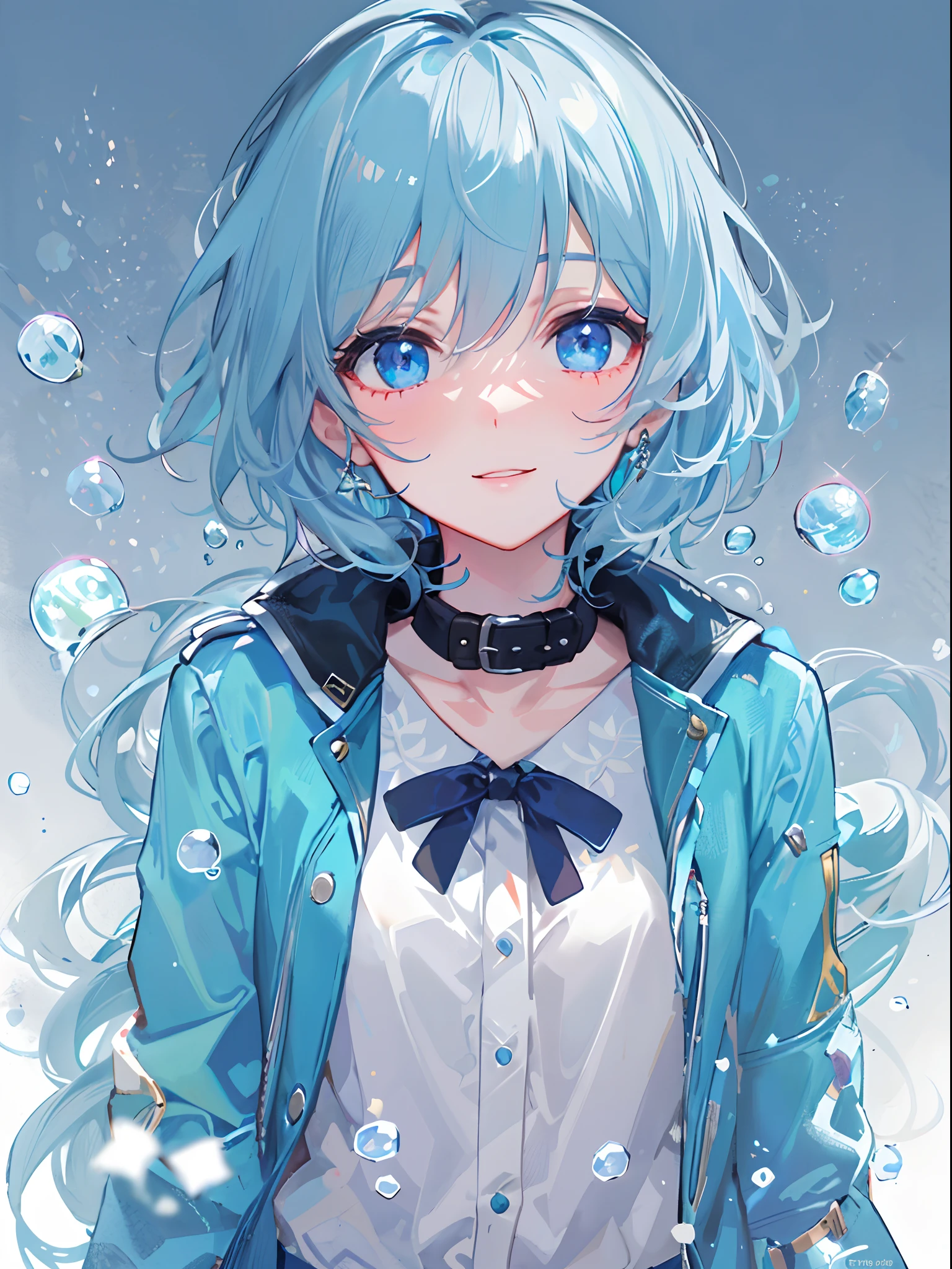 ((top-quality)), ((masterpiece)), ((ultra-detailliert)), (extremely delicate and beautiful), girl with, 独奏, cold attitude,((Black jacket)),She is very(relax)with the(Settled down)Looks,A dark-haired, depth of fields,evil smile,Bubble, under the water, Air bubble,bright light blue eyes,Inner color with light white hair and and light blue tips,Cold background,Bob Hair - Linear Art, shortpants、knee high socks、White uniform like school uniform、Light blue ribbon ties、Clothes are sheer、Hands in pockets、Bright eyes like sapphires,flourescent blue, There was a little blue light floating around、Upper eyes、