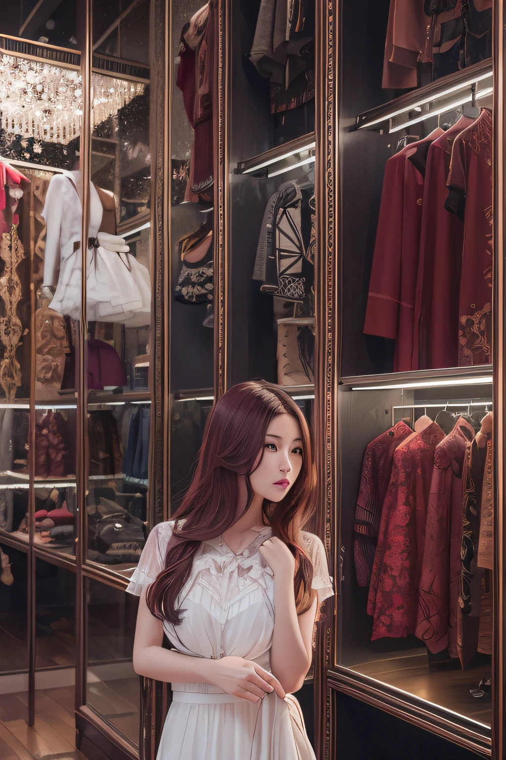 32K(tmasterpiece,k hd,hyper HD,32K)Long flowing dark red hair skinny Asian woman, dark red hair, in Prada Shop, high resolution, the detail, RAW photogr, Sharp Re, Nikon D850 Film Stock Photo by Jefferies Lee 4 Kodak Portra 400 Camera F1.6 shots, Rich colors, ultra-realistic vivid textures, Dramatic lighting, Unreal Engine Art Station Trend, cinestir 800