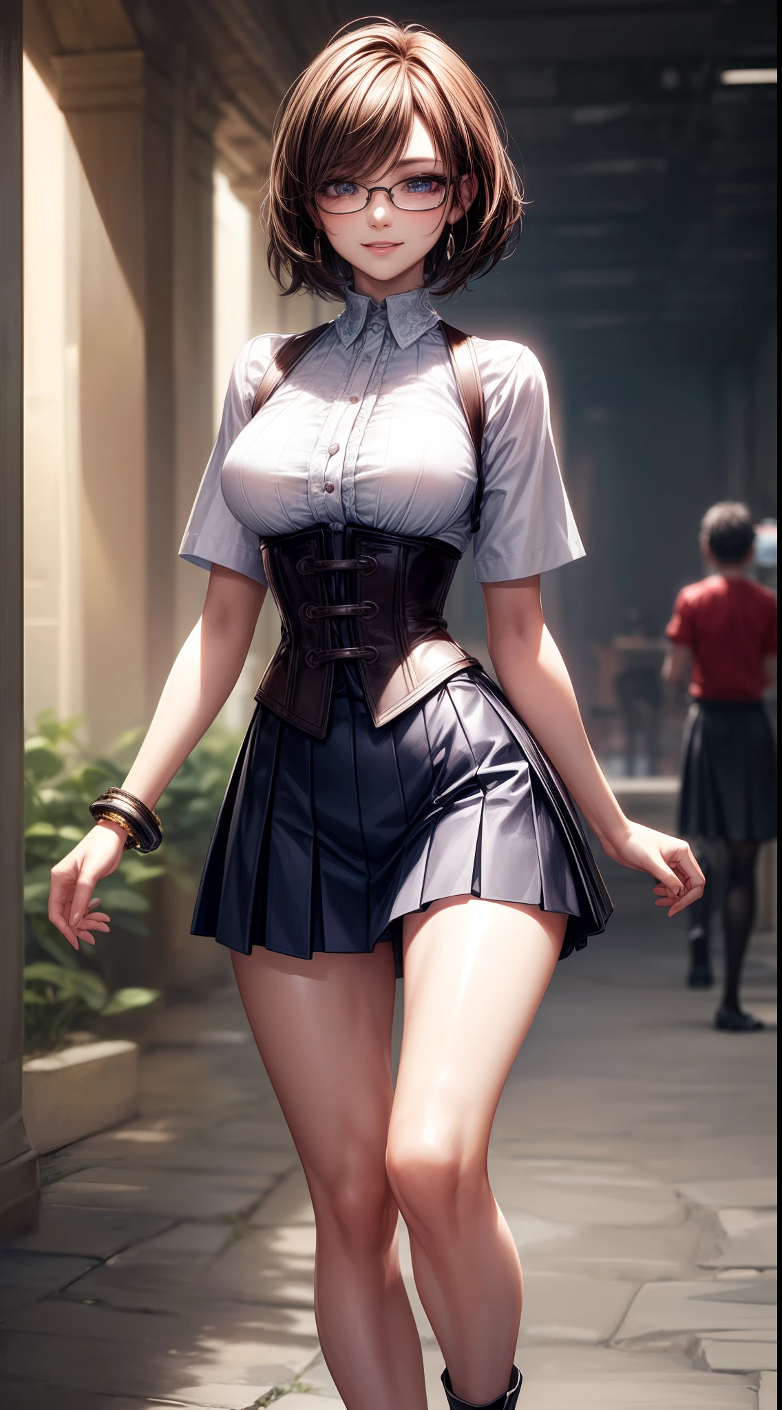 8K, masutepiece, Raw photo, Best Quality, Photorealistic, Highly detailed CG Unity 8k wallpaper, depth of fields, Cinematic Light, Lens Flare, Ray tracing, (Extremely beautiful face, Beautiful lips, Beautiful eyes), intricate detail face, ((Ultra detailed skin)) 1girl in, In the Dark, deepshadow, Pretty Korean girl, Kpop Idol, 1 girl, (Very slim and slender fit muscular body:1.3), ((Looking at Viewer)),(Big smile:1.3), (Blurred background),(No people in the background:1.3), Beautiful earrings, Bracelets, Clear eyes, Walking, (pale skin), (Big eyes), Face forward, (Brown hairs), (Full body shot), , ((blue high waist skirt)), , (Looking at Viewer:1.3) opened breast, Very slim, medium breasts, ass forcus, Before the eyebrows, thick thighs((whiteshirt:1.3)), (double-breasted,Underbust:1.2), Short sleeves, buttonGap,Frameless glasses,Corset Belt,Beautiful short hair,Brown hair,Black Bolero,