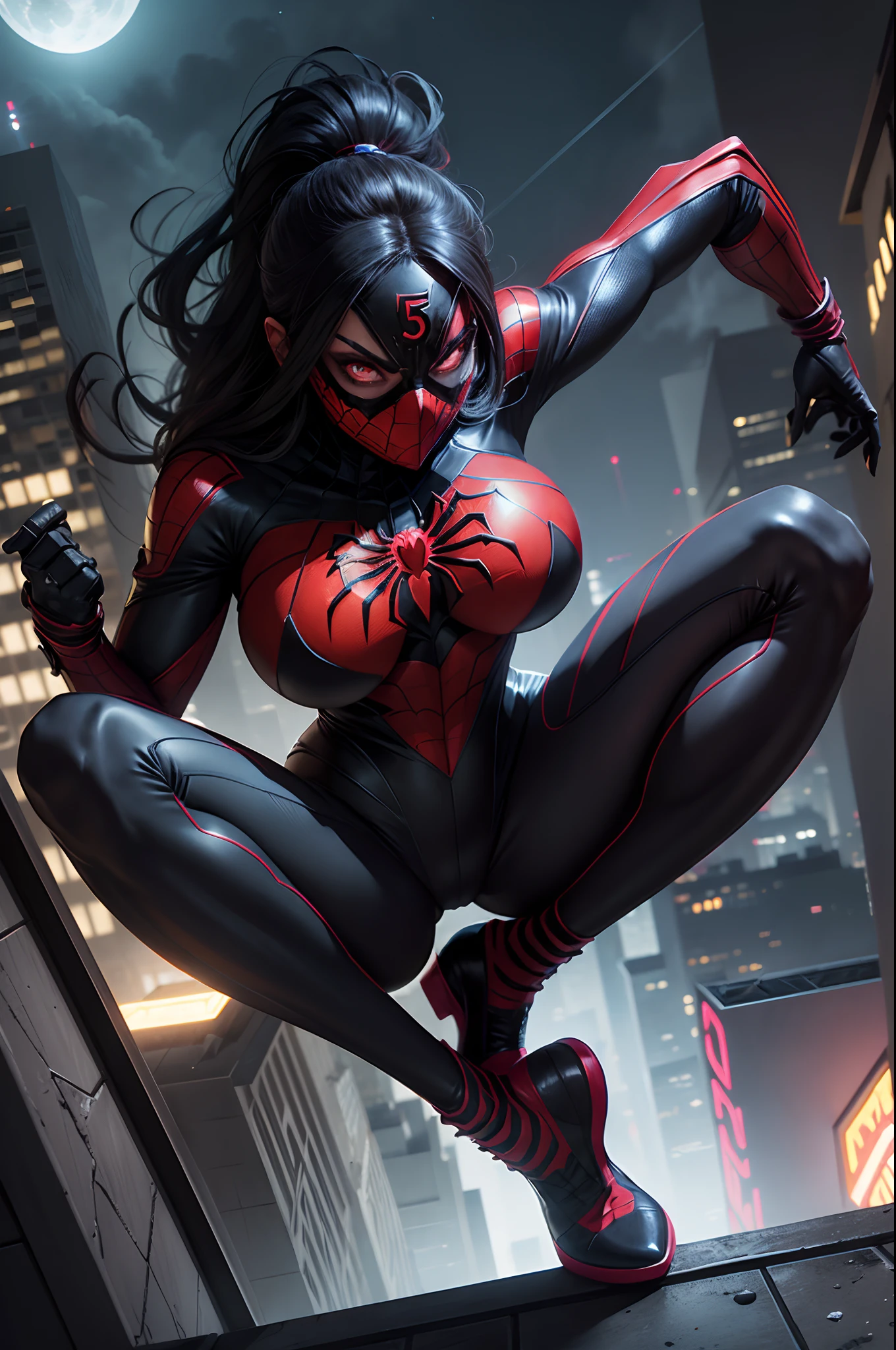 Supervillain Spider-Woman, morena, in a mask on the whole face, tight black suit, on roof, night city, higly detailed, foto realista