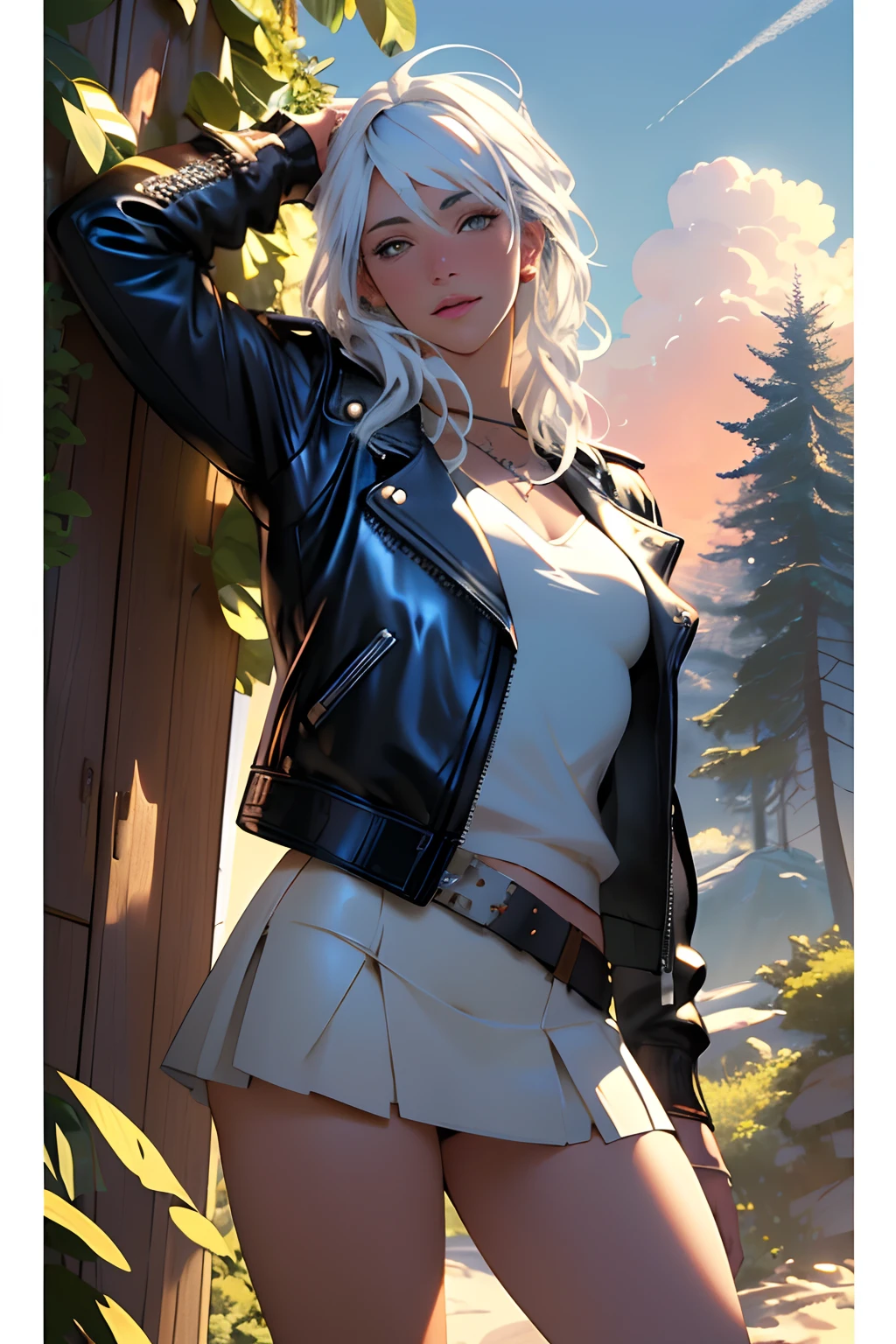 angel white hair and beard, in the sky with clouds, long clothes, style Livia Prima and Magali Villeneuve, fantasy, masterpiece, best quality, high resolution, realistic, perfect work Sunset, highly detailed, illustration, 8k, ultra high quality, classy Punk girl, sexy, colourfull illustration, DreamWorks, leather jacket and miniskirt, forest