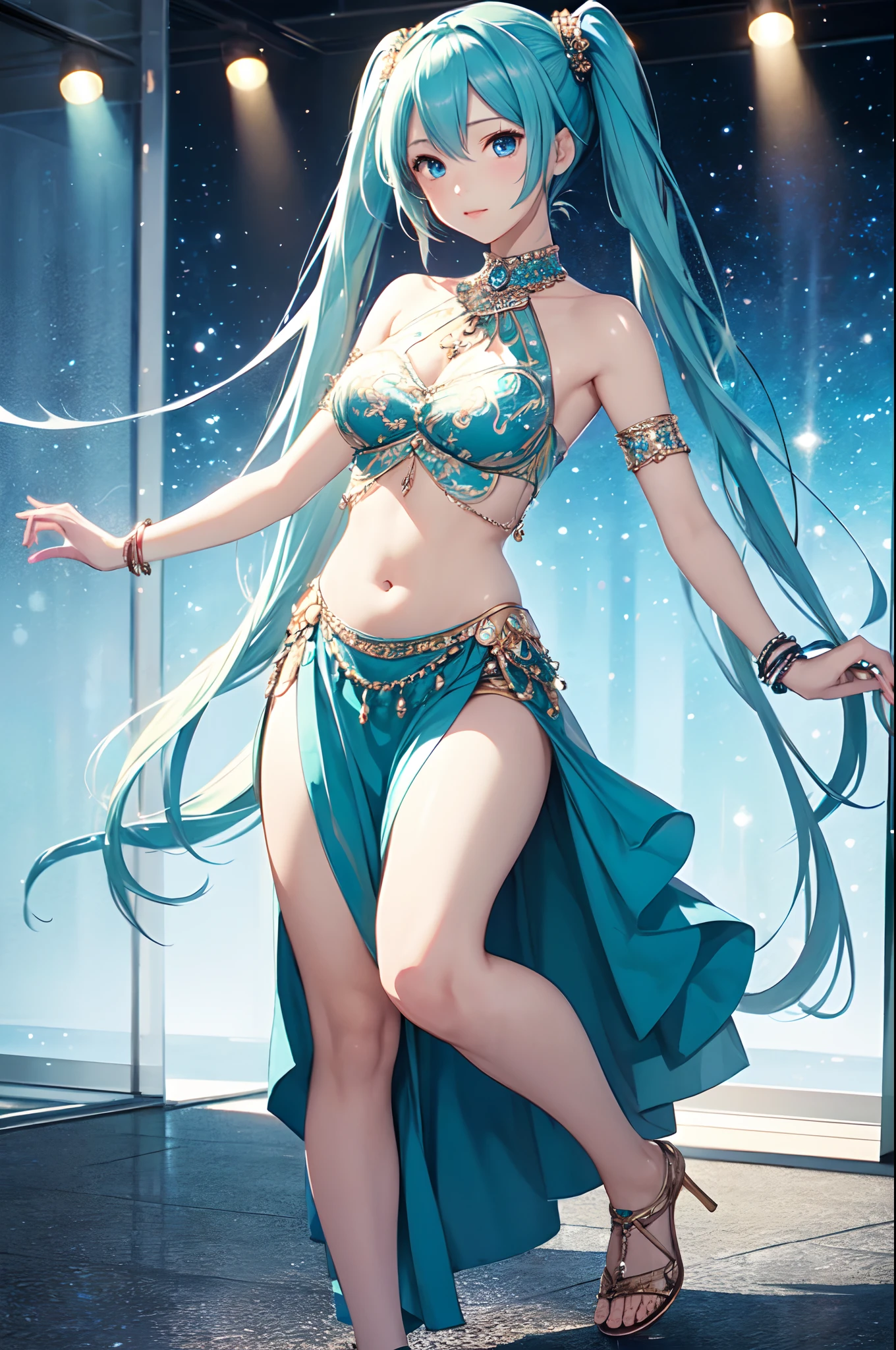 最好质量、Photorealistic、An ultra-fine illustrations、beautiful attractive anime girl、HATSUNEMIKU、Slender body、Tied hair、only girl、a photo of girl、Full body shot、Beautiful Blue Eyes、With Arabic background、Arabic dancers、Belly dance、belly dance dress with transparent fabric、