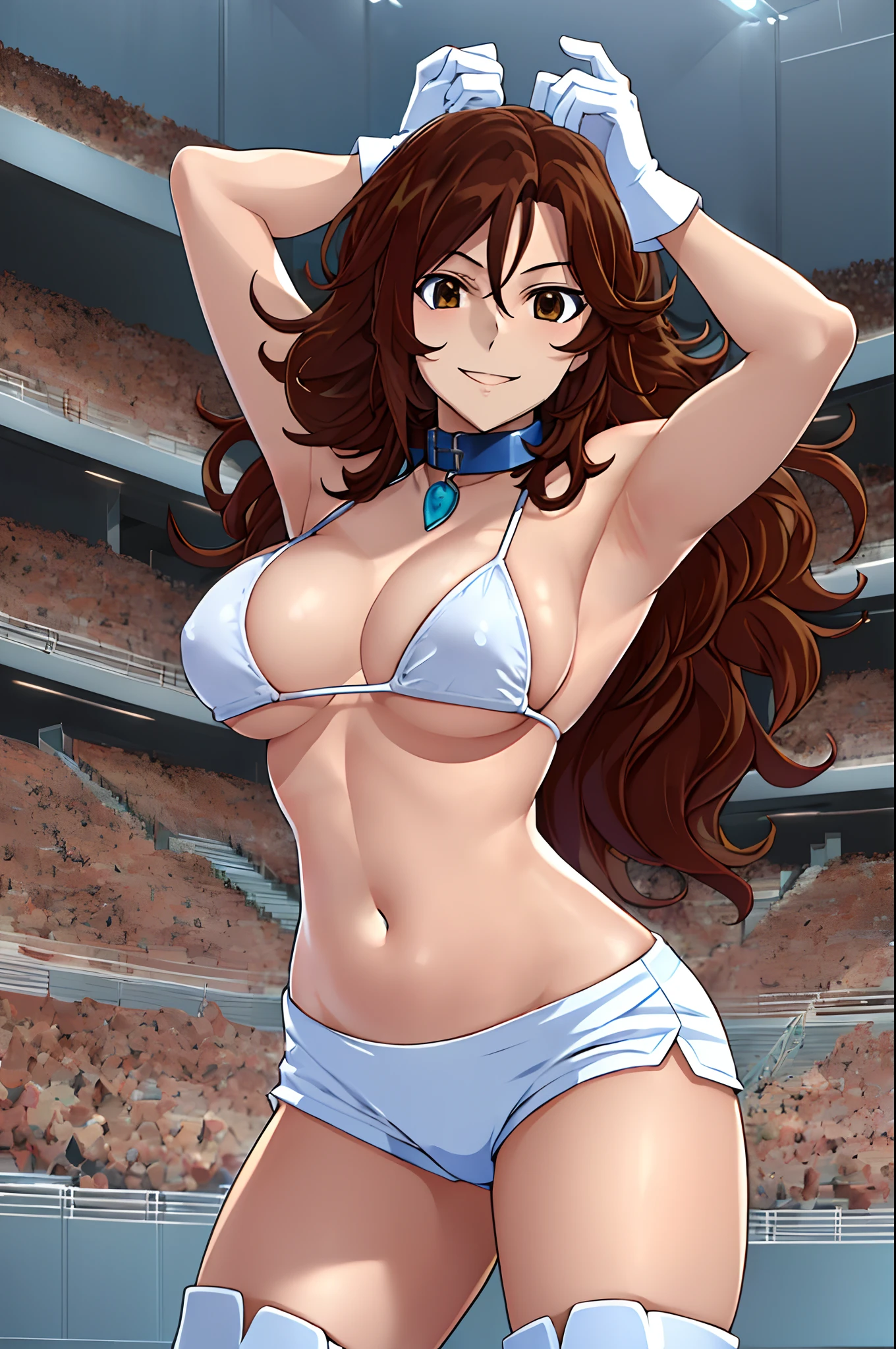 cowboy shot, upper body view, anime style: 1.8, anime drawing, ultra detailed face, ultra detailed body, 4k, Sumergai Lee Noriega, (standing), best quality, anime style, hires, highest definition, digital blending, bold drawing lines, ((slender body, female wrestler), (location: wrestling arena, crowds watching), (weak body, slender body, broad shoulders, slim arms, little biceps), ((white micro bikini, shorts, groin, white boots, white gloves, collar)), victorious, winner, smile, , (big breasts), (big eyes, brown eyes), (warming up), (brown hair, loose hair, curly hair, wavy hair, long hair, missy hair), 27 years old,