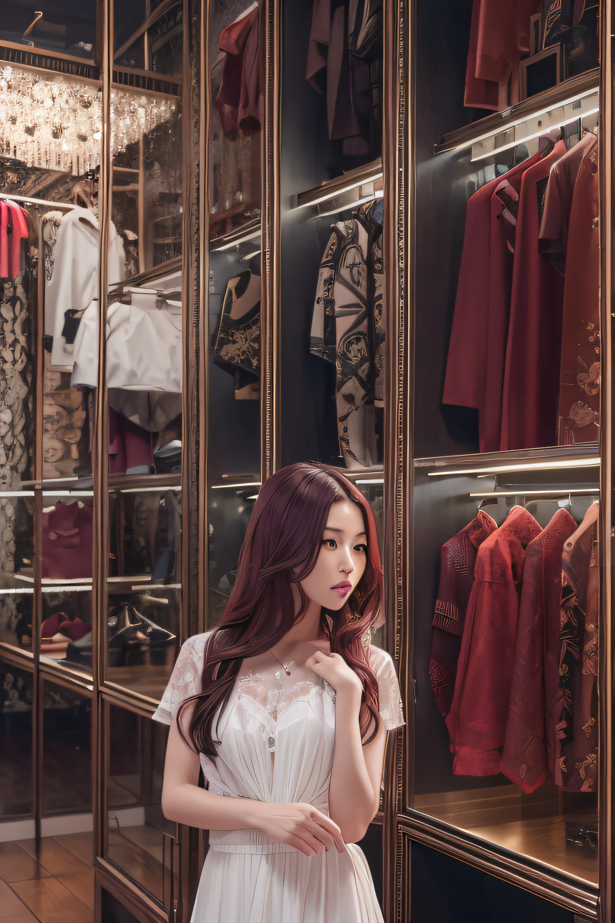 32K（tmasterpiece，k hd，hyper HD，32K）Long flowing dark red hair skinny Asian woman, dark red hair, in Prada Shop,  high resolution， the detail， RAW photogr， Sharp Re， Nikon D850 Film Stock Photo by Jefferies Lee 4 Kodak Portra 400 Camera F1.6 shots, Rich colors, ultra-realistic vivid textures, Dramatic lighting, Unreal Engine Art Station Trend, cinestir 800