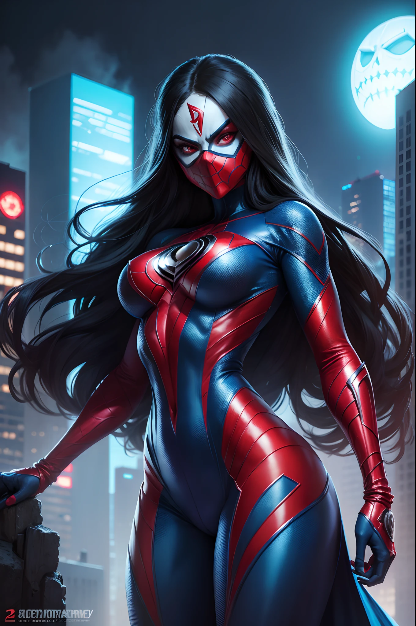 Villain Spider-Woman, Short white hair bob, Mask on the whole face, tight blue suit, on roof, night city, luna, higly detailed, Realistic full-length photo