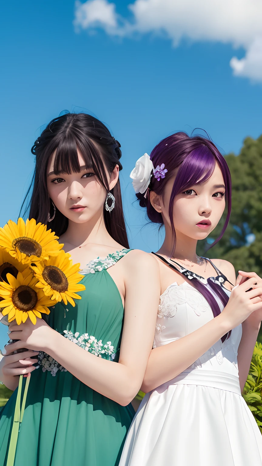 2girls, 1long black and red hair, 1 short purple hair, 1white and greed dress, 1white and blue dress, flowers, beautiful, realistic, ultra detail, 70mn lens