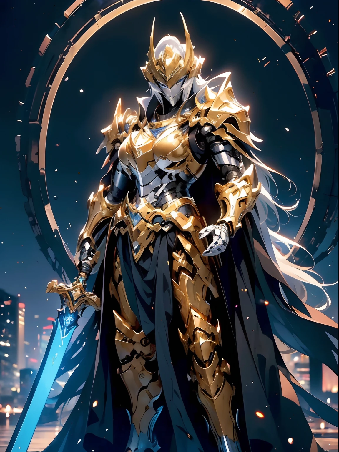 A close up of a person with a sword in a city - SeaArt AI