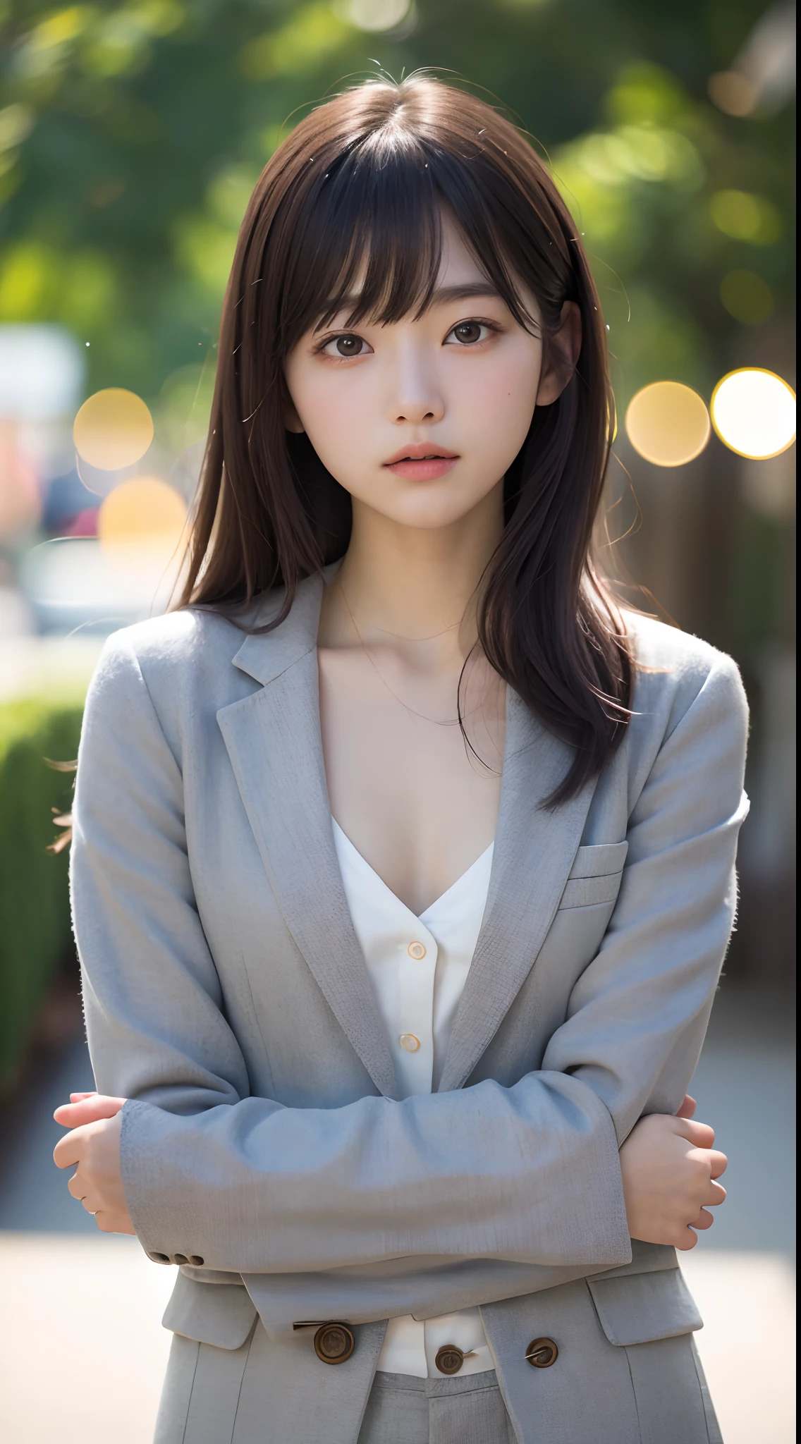 masutepiece, Best Quality, 8K, age:13. Teen, Raw photo, absurderes, award winning portrait, Solo, Night, neons, Idol face, violaceaess, gardeniass, Delicate girl, Upper body, Digital SLR, Looking at Viewer, Candid, Sophisticated, zora々Right, Thin arms, Professional Lighting, Film grain, chromatic abberation, (Eyes and faces with detailed:1.0), (Bokeh:1.1)、White blouse、tiny chest、cleavage、Grey jacket、Gray pants