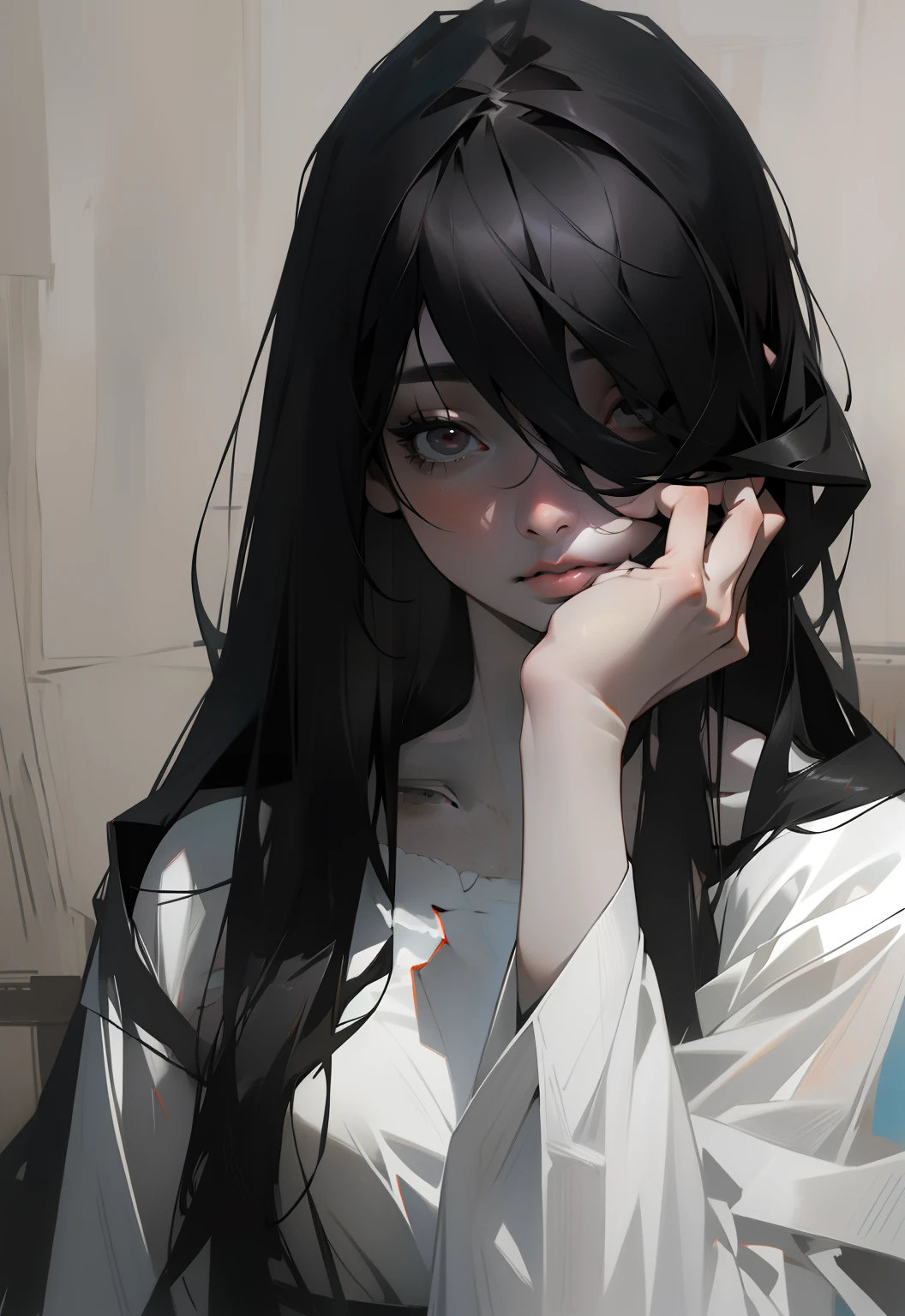 ((masterpiece)), (best quality), (absurdres), (photorealistic:1.4), black hair, yamamura_sadako, white dress, (grey skin), hair over eyes, eyes covered,