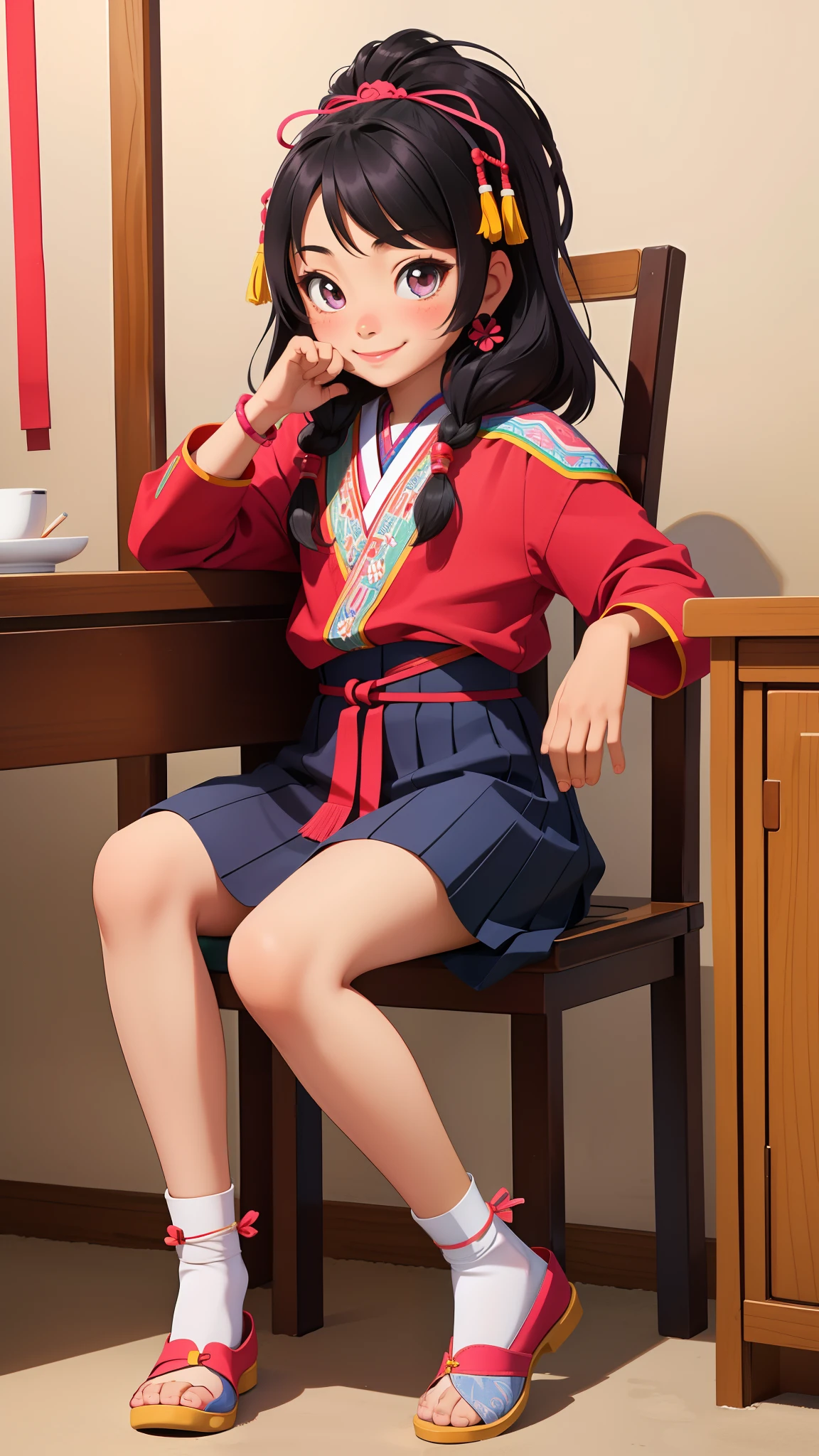 Hmong 10 year old girl、Put your hand to your mouth and smile、full body Esbian、Sitting on a chair、Distinctive ethnic hair ornaments、Characteristic ethnic shoes