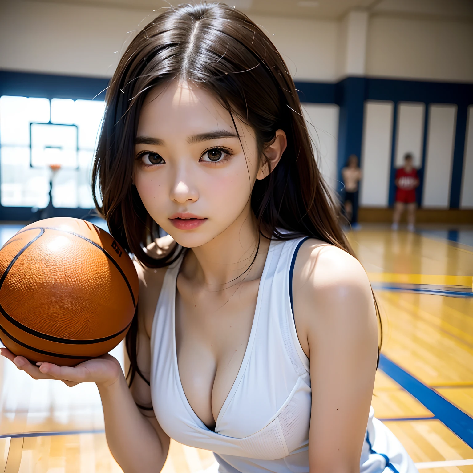 (RAW photos,4K,tmasterpiece,A high resolution,extremly intricate)(realisticlying:1.4),Cinematic lighting Delicate girl with facial features
1 Girl, Single focus, Full body like,Summer noon, Playing the Basketball,thermography, 1990's\(styled\),White skin,(Bigchest,cleavage), (Best quality), (A high resolution), (An extremely delicate and beautiful),,(Beautiful 8k face),(Brown eyes),(Ulzzang-6500:1.0),(Solo),(side looking),(Spectators),(Large breasts),(NBA),bent over,,side looking,(Side), ,(Basketball sportswear),((Play basketball)),((gymnasium)),((Speed)),(reality),(jiayi:1.5), closeup cleavage, tmasterpiece, best qualtiy, RAW photogr, realisticlying, the face, Incredibly Ridiculous res, beuaty girl, adolable, short detailed hair, depth of fields, A high resolution, ultra - detailed, finedetail, The is very detailed, Extremely detailed eyes and face, Sharp pupils, realistic pupil, tack sharp focus, cinmatic lighting