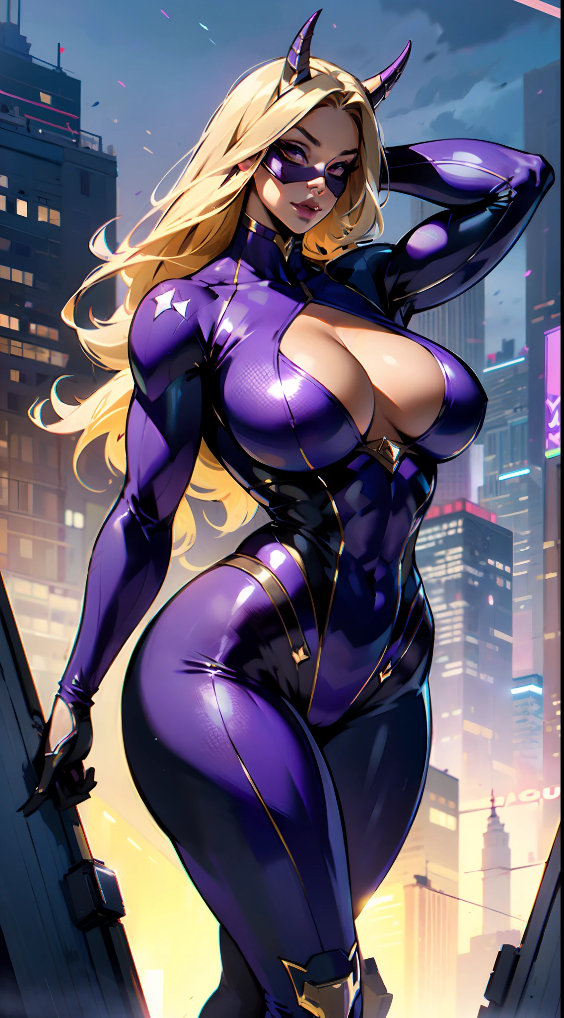 mount_lady    1girl solo voluptuos curvy muscular body, shaped body, fitness muscular body, huge cleavage, oppai, arms_behind_head  blonde_hair bodysuit breasts city covered_navel covered_ cowboy_shot domino_mask giant giantess horns impossible_bodysuit impossible_clothes looking_at_viewer mask multicolored_bodysuit multicolored_clothes outdoors  purple_eyes skin_tight skyline solo standing thick_thighs thighs NSFW, explicit magazine cover, artstation tendency, world prestigious photography , sexy seductive ambient
