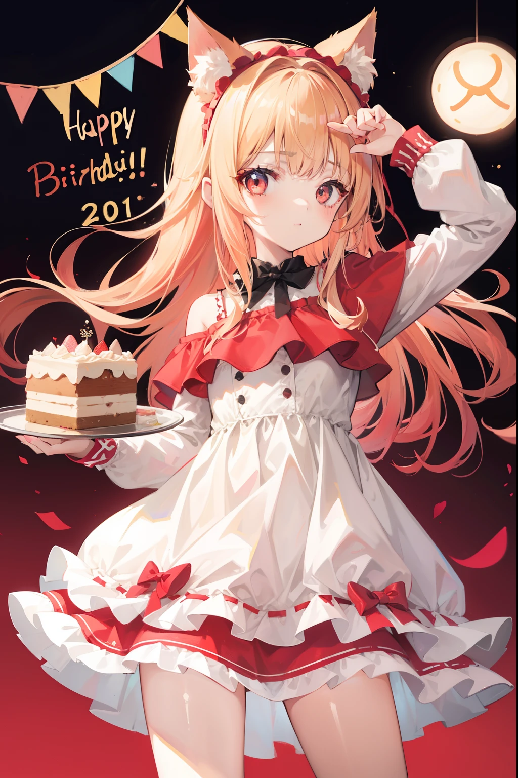 1girll，bit girl，Petite，Long beige hair，red color eyes，having fun，Cat ear headband，Casual dress，The birthday cake，Wish，the night，warm，Put your hands behind you