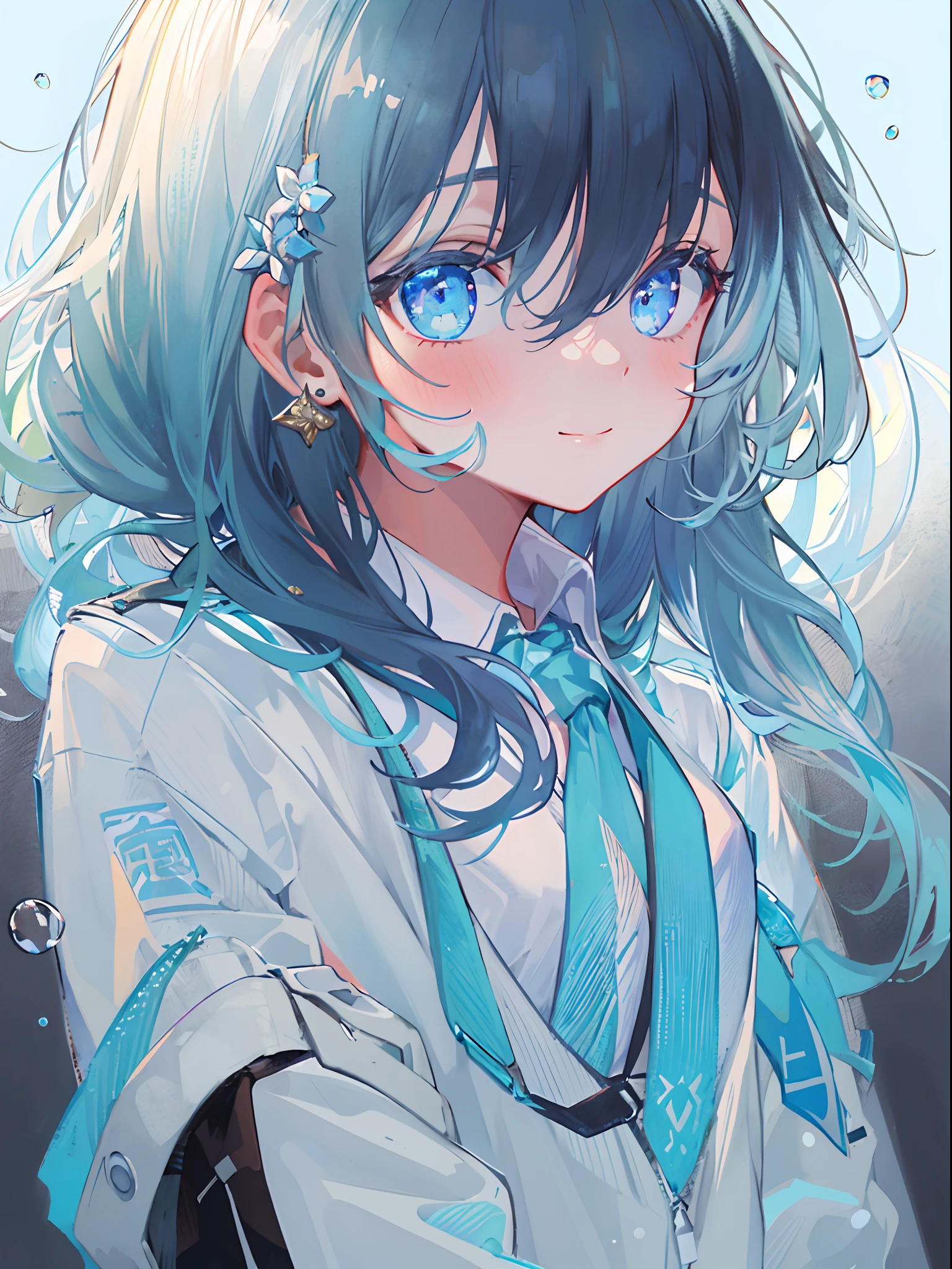 ((top-quality)), ((masterpiece)), ((ultra-detailliert)), (extremely delicate and beautiful), girl with, 独奏, cold attitude,((Black jacket)),She is very(relax)with the(Settled down)Looks,A dark-haired, depth of fields,evil smile,Bubble, under the water, Air bubble,bright light blue eyes,Inner color with light blue hair and light blue tips,Cold background,Bob Hair - Linear Art, shortpants、knee high socks、White uniform like school uniform、Light blue ribbon ties、Clothes are sheer、Hands in pockets、Bright eyes like sapphires,flourescent blue, There was a little blue light floating around、Upper eyes、