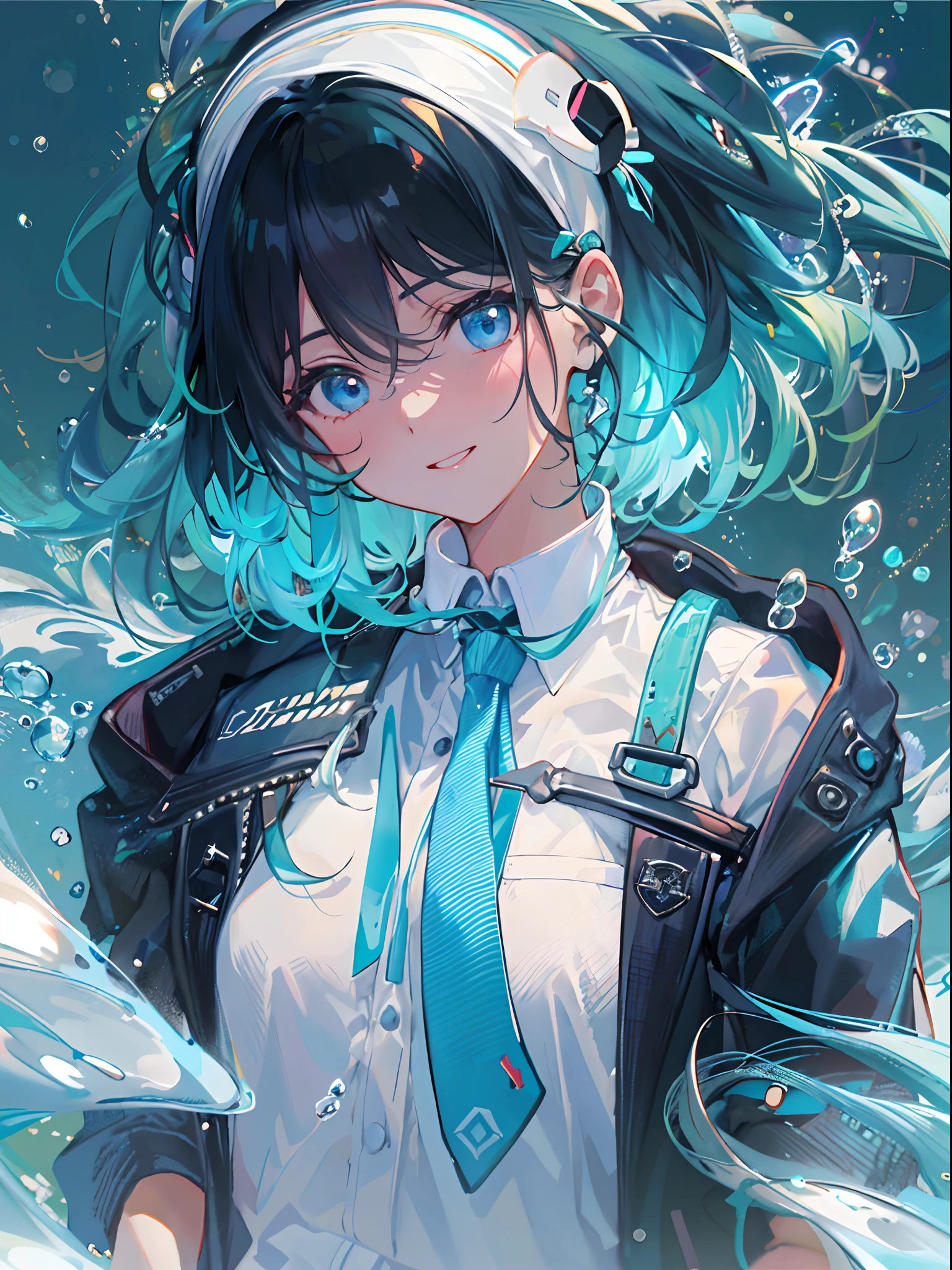 ((top-quality)), ((masterpiece)), ((ultra-detailliert)), (extremely delicate and beautiful), girl with, 独奏, cold attitude,((Black jacket)),She is very(relax)with the(Settled down)Looks,A dark-haired, depth of fields,evil smile,Bubble, under the water, Air bubble,bright light blue eyes,Inner color with light blue hair and light blue tips,Cold background,Bob Hair - Linear Art, shortpants、knee high socks、White uniform like school uniform、Light blue ribbon ties、Clothes are sheer、Hands in pockets、Bright eyes like sapphires,flourescent blue, There was a little blue light floating around、Upper eyes、
