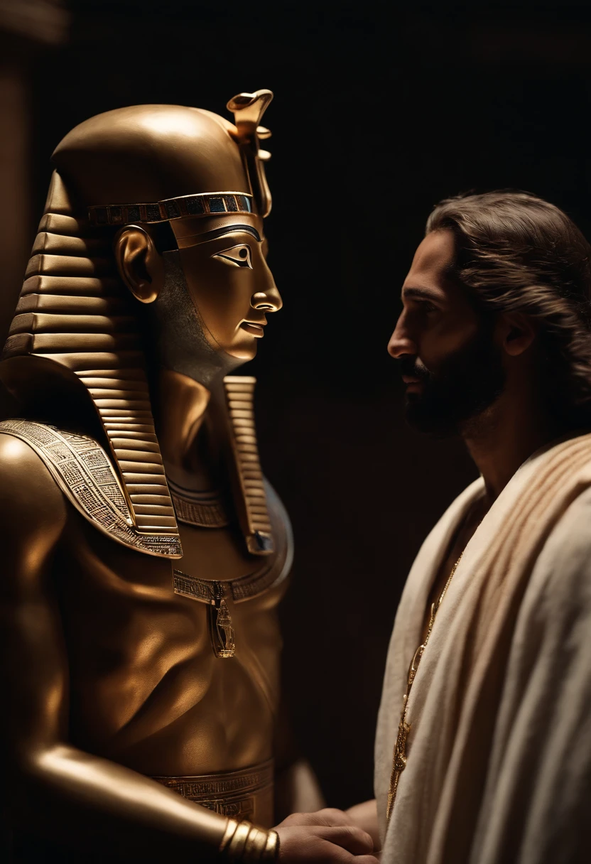 Pharaoh with A hardened human heart side by side with a representation of God, Jesus Cristo, Biblical character, Imagem realista 8k