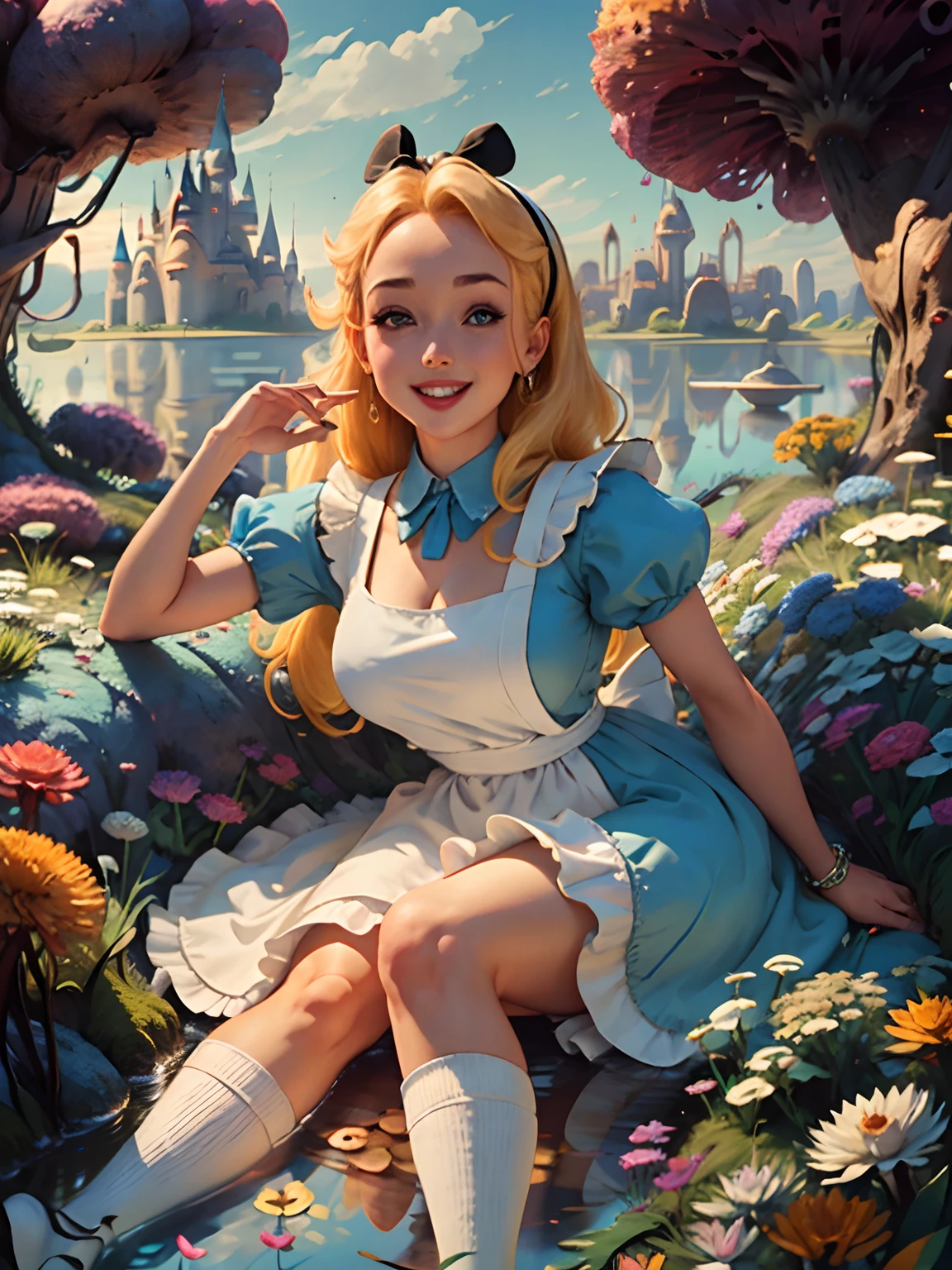 (masterpiece), (best quality), (extremely detailed), alice liddell, blue dress, white apron, black hairband, white long socks, cute pose, in a flower garden, (pond), (((disney castle at the background))), (blue sky), (sunny day), 3d. Illustration, Good Highlights, Perfect Proportions, dynamic, Professional, Award winning, (high detailed skin), (high detailed face), photorealistic, HDR, ultra highres, absurdres, perfect body shape, cute smiling, realistic figure, sexy posing, teaser lying down