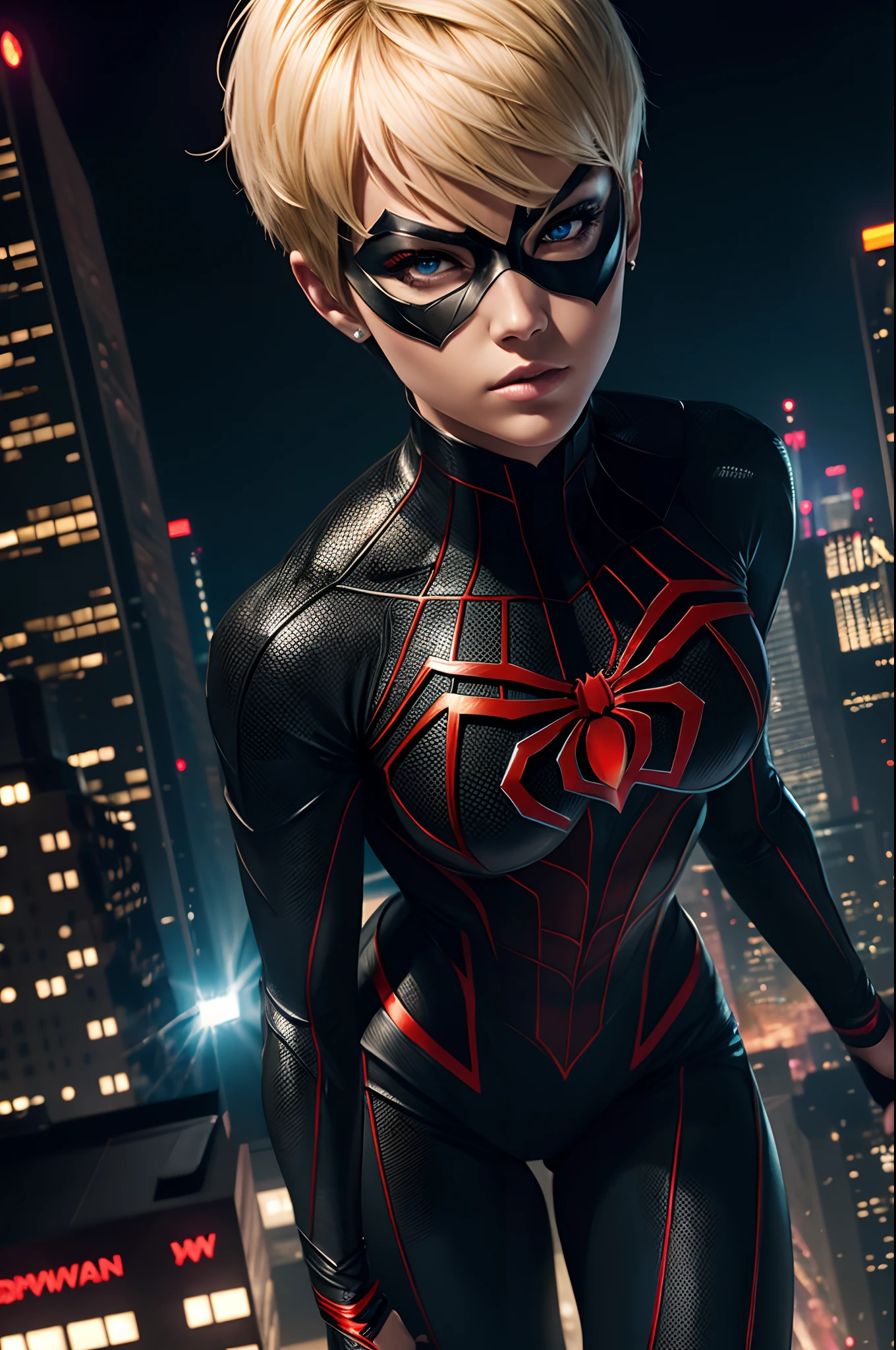 Villain Spider-Woman, Short white hair bob, Mask on the whole face, tight blue suit, on roof, night city, luna, higly detailed, Realistic full-length photo