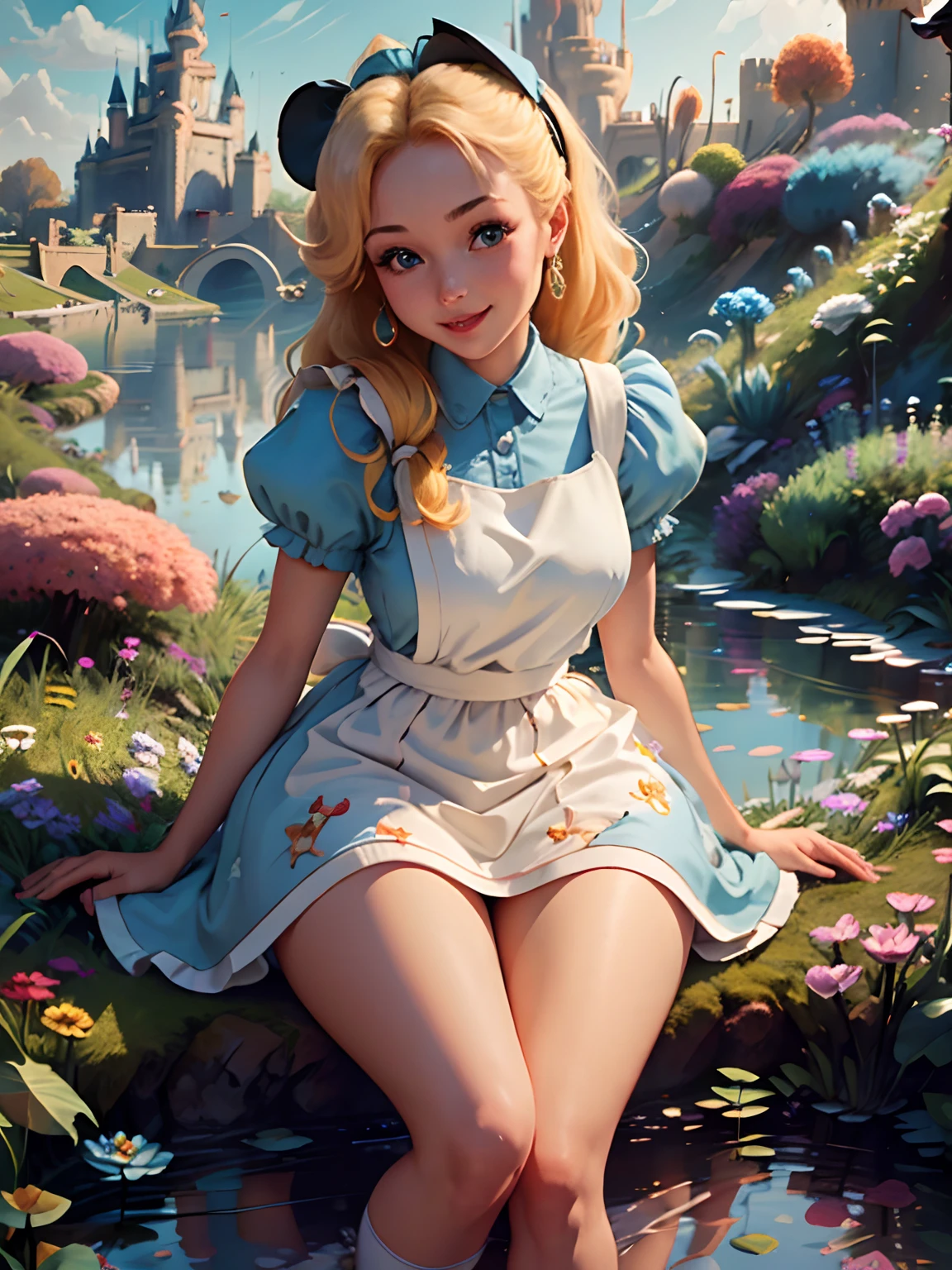 (masterpiece), (best quality), (extremely detailed), alice liddell, blue dress, white apron, black hairband, white long socks, cute pose, in a flower garden, (pond), (((disney castle at the background))), (blue sky), (sunny day), 3d. Illustration, Good Highlights, Perfect Proportions, dynamic, Professional, Award winning, (high detailed skin), (high detailed face), photorealistic, HDR, ultra highres, absurdres, perfect body shape, cute smiling, realistic figure, sexy posing