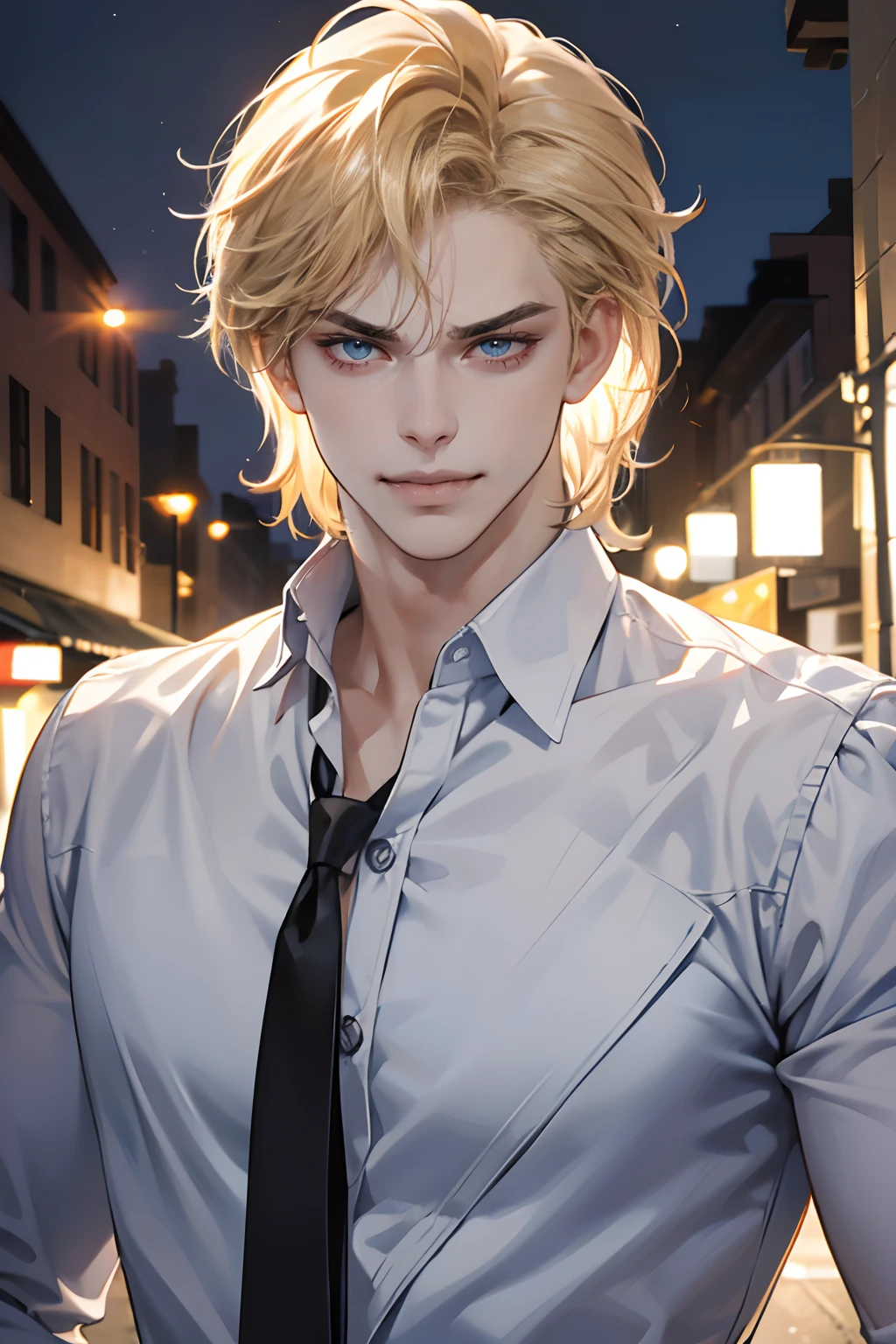 (tmasterpiece, high resolution, ultra - detailed:1.0), (1 boy, Young male, masculine face), Perfect male body, tall and strong, Adult male, Delicate eyes and delicate face, Extremely detailed CG, Unity 8k wallpaper, Complicated details, Detailed face, (blond hair, messy hair, serious faces, white shirts,Bad students), (frown,evil smile:1.3), Outdoor, (Street at night), street style, color difference, Depth of field, dramatic shadow, Ray tracing, Best quality, Cinematic lighting, offcial art,Portrait