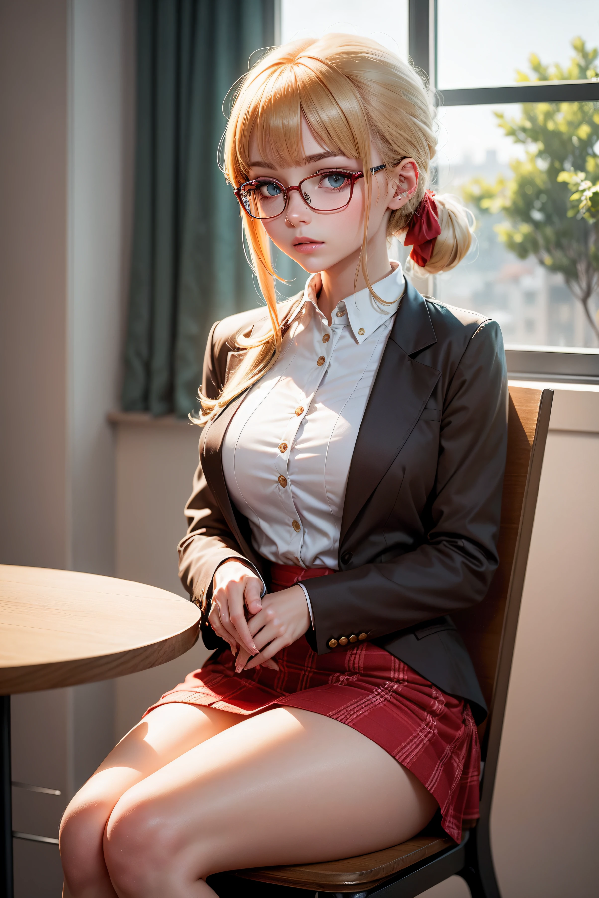 (An 25-year-old girl with a dimpled smile on his face: 1.3), square glasses, long red hair at the ends, long red tie, beige jacket, two fingers in front of her hair, big breast, sit in the chair, full body, view from top, bright eyes