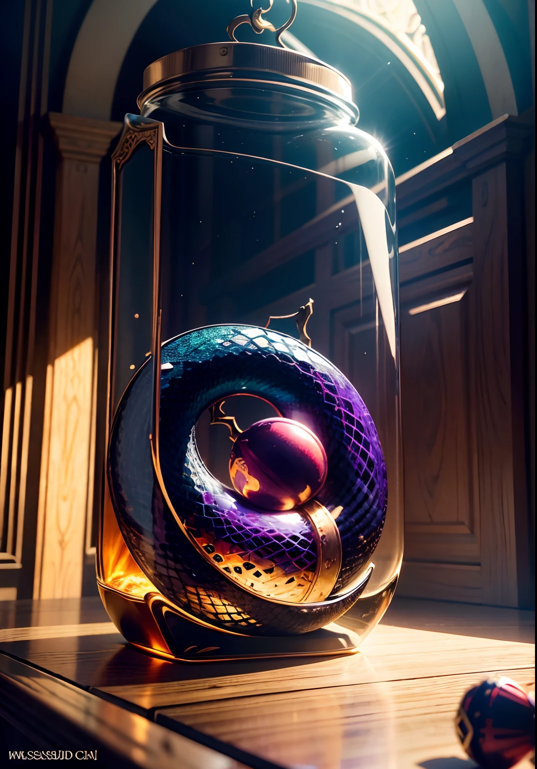 Inside the glass jar is the forbidden fruit,The witch's serpent protects,frontal photos,Photo grade,Dynamic surrealism, high detailing, cubism, god rays, vignetted, Glowing light, nffsw, masutepiece, ccurate, Super Detail, high details, High quality, Best Quality, hight resolution, 8K