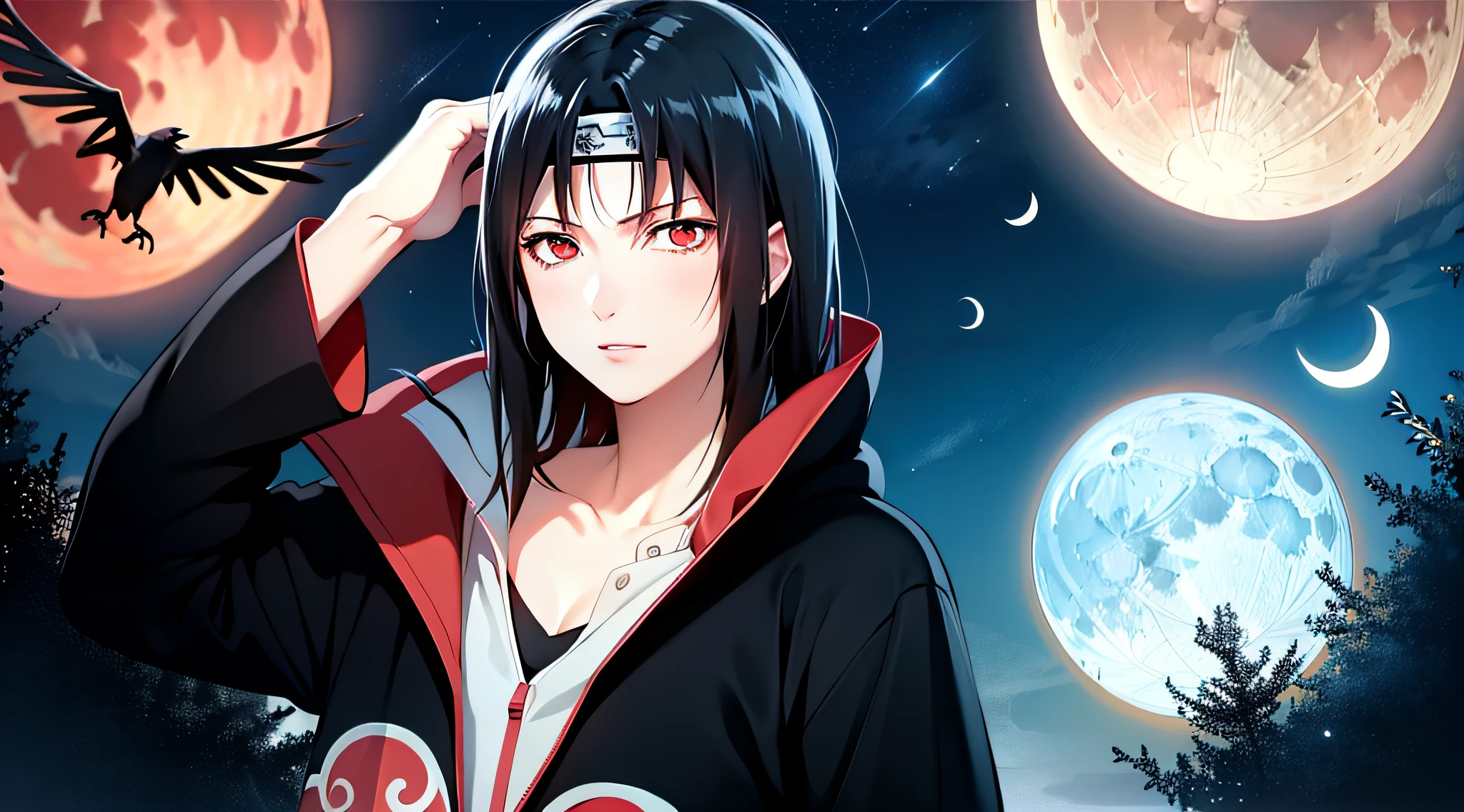 (masterpiece), (best quality), ultra high res, professional artwork, ultra detailed, intricate, detailed face, perfect lighting, 1girl, black hair, (red eyes, glowing eyes), AKATSUKI OUTFIT, ninja, black cloak, black coat, forehead protector, (collarbone), sidelocks , head, night, night sky, crescent moon, (red moon, crow), angry face, hand on own head , outdoors, (cowboy shot, far shot)