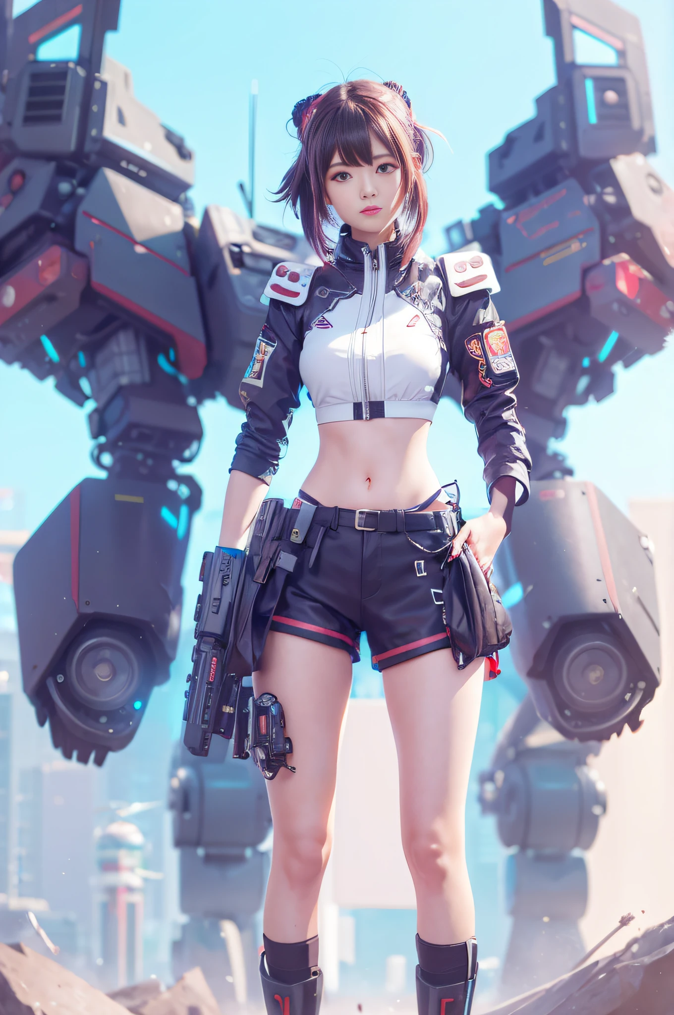 anime girl in short shorts and jacket standing next to giant robot, artwork in the style of guweiz, cyberpunk anime girl mech, trending on cgstation, guweiz, by Russell Dongjun Lu, digital cyberpunk anime art, ross tran 8 k, guweiz on artstation pixiv, girl in mecha cyber armor