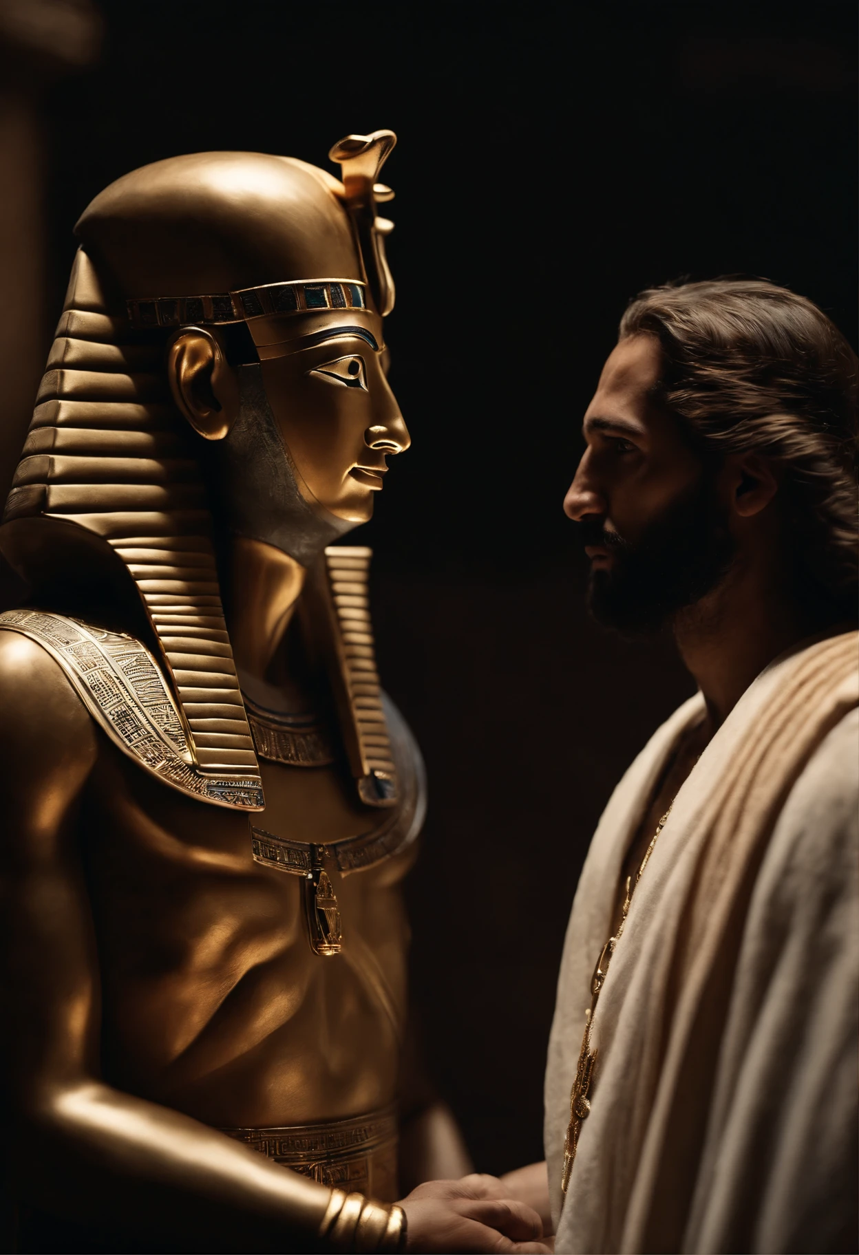 Pharaoh with A hardened human heart side by side with a representation of God, Jesus Cristo, Biblical character, Imagem realista 8k