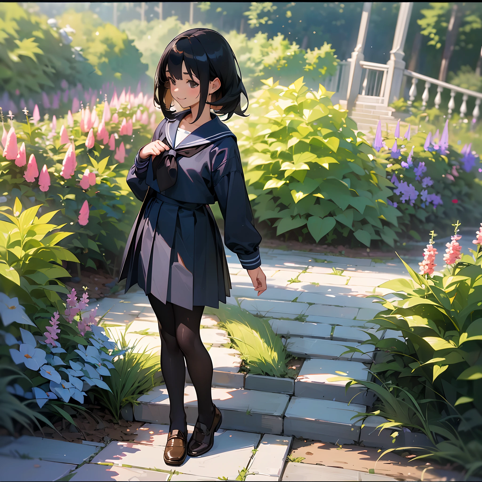 (Best Quality, hight resolution, Ultra-detailed, Realistic:1.37), peaceful ambiance, (plein air, garden), Teenage girl standing alone, Beautiful detailed features, Cute smile, ((Black bob hair)),Navy blue sailor suit, Pleated skirt,Black pantyhose,Brown leather shoes.