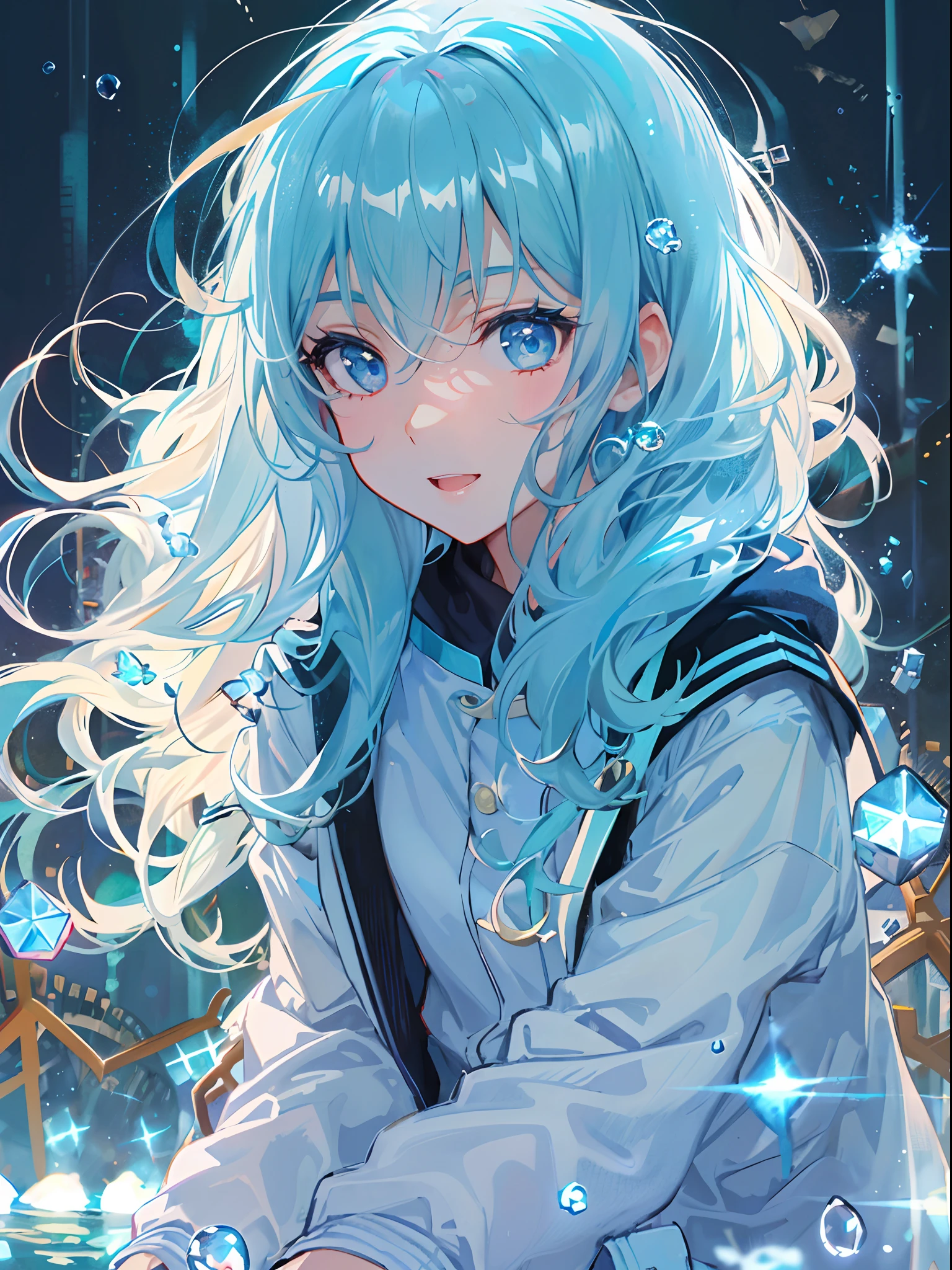((top-quality)), ((​masterpiece)), ((ultra-detailliert)), (extremely delicate and beautiful), girl with, 独奏, cold attitude,((Black jacket)),She is very(relax)with  the(Settled down)Looks,A dark-haired, depth of fields,evil smile,Bubble, under the water, Air bubble,bright light blue eyes,Inner color with light blue hair and light blue tips,Cold background,Bob Hair - Linear Art, shortpants、knee high socks、White uniform like school uniform、Light blue ribbon ties、Clothes are sheer、Hands in pockets、Bright eyes like sapphires,flourescent blue, There was a little blue light floating around、Upper eyes、