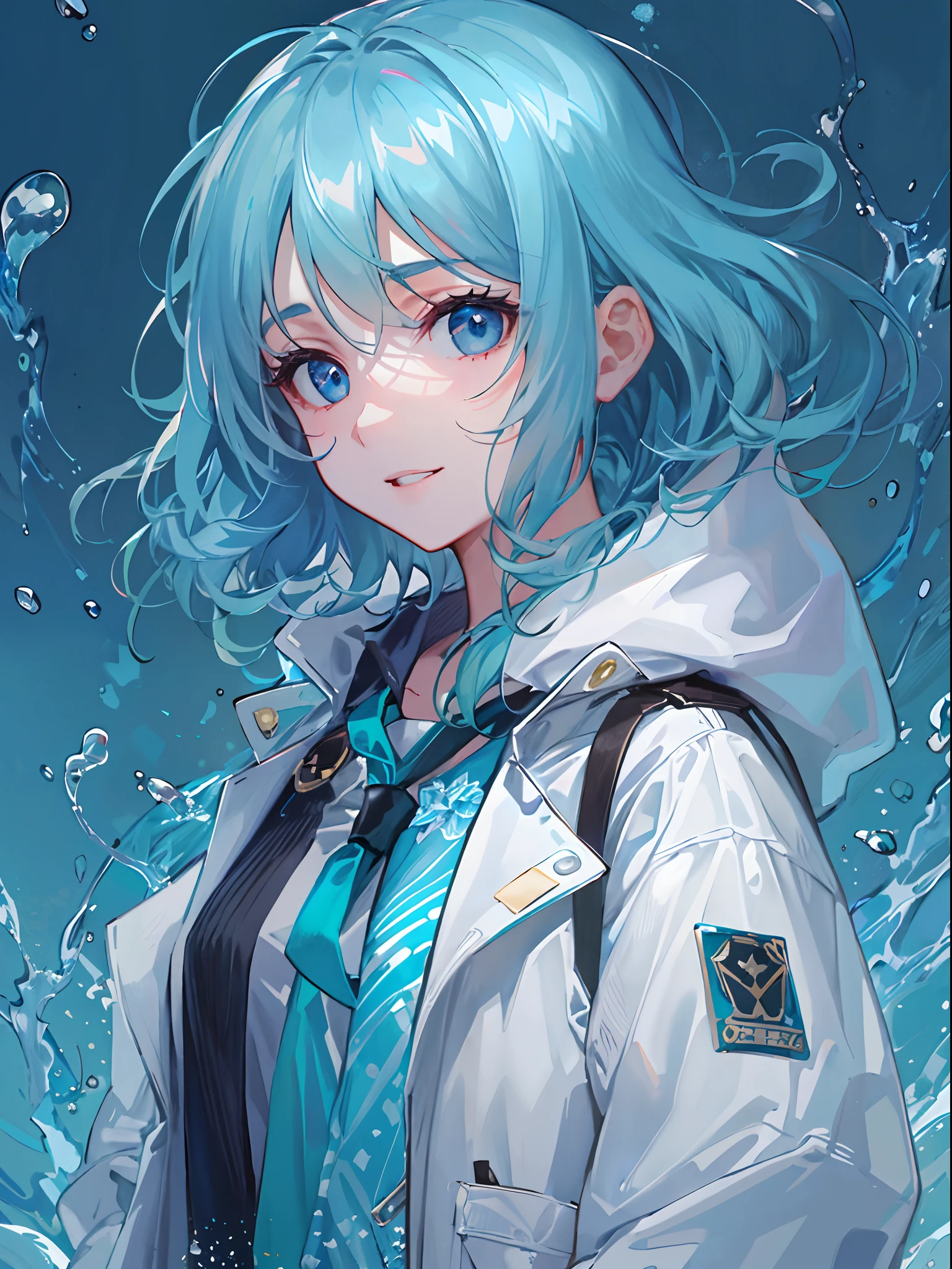 ((top-quality)), ((masterpiece)), ((ultra-detailliert)), (extremely delicate and beautiful), girl with, 独奏, cold attitude,((Black jacket)),She is very(relax)with the(Settled down)Looks,A dark-haired, depth of fields,evil smile,Bubble, under the water, Air bubble,bright light blue eyes,Inner color with light blue hair and light blue tips,Cold background,Bob Hair - Linear Art, shortpants、knee high socks、White uniform like school uniform、Light blue ribbon ties、Clothes are sheer、Hands in pockets、Bright eyes like sapphires,flourescent blue, There was a little blue light floating around、Upper eyes、