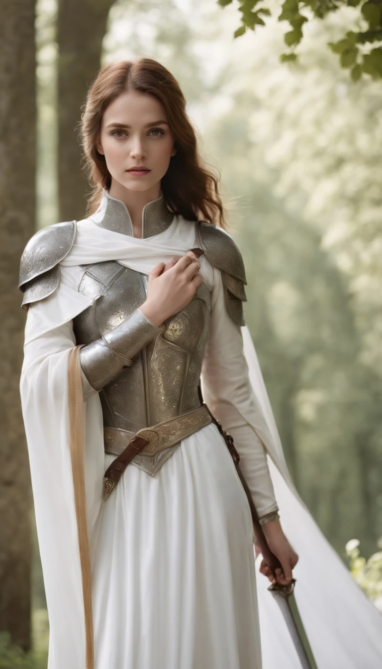 ((masterpiece)), (((best quality))), ((ultra-detailed)), ((illustration)),[realism light effect],shadow,A female knight，armour，giant sword，noble，Shine with light，(white backgrounid:1.5)