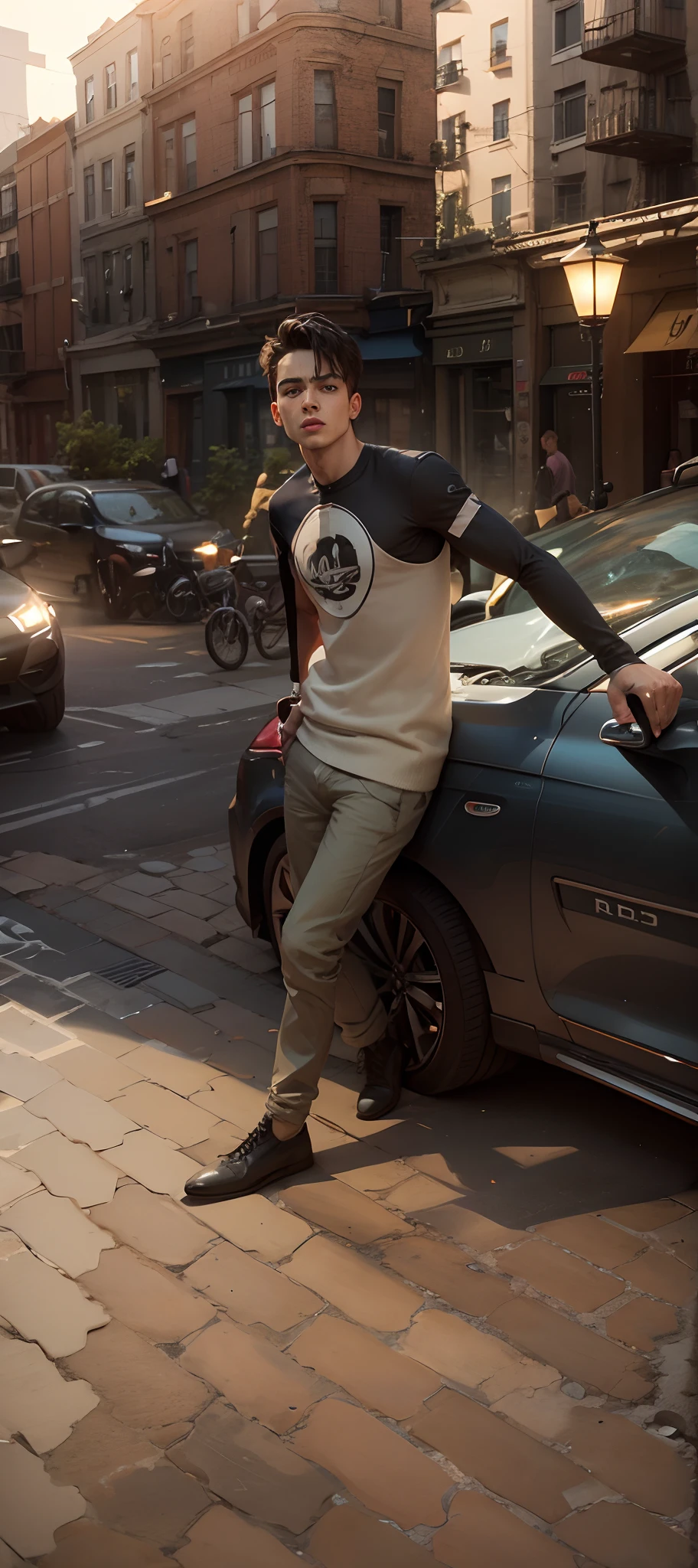 A boy with a car drink red Vine Street futuris tic background realistic 8k ultra realistic