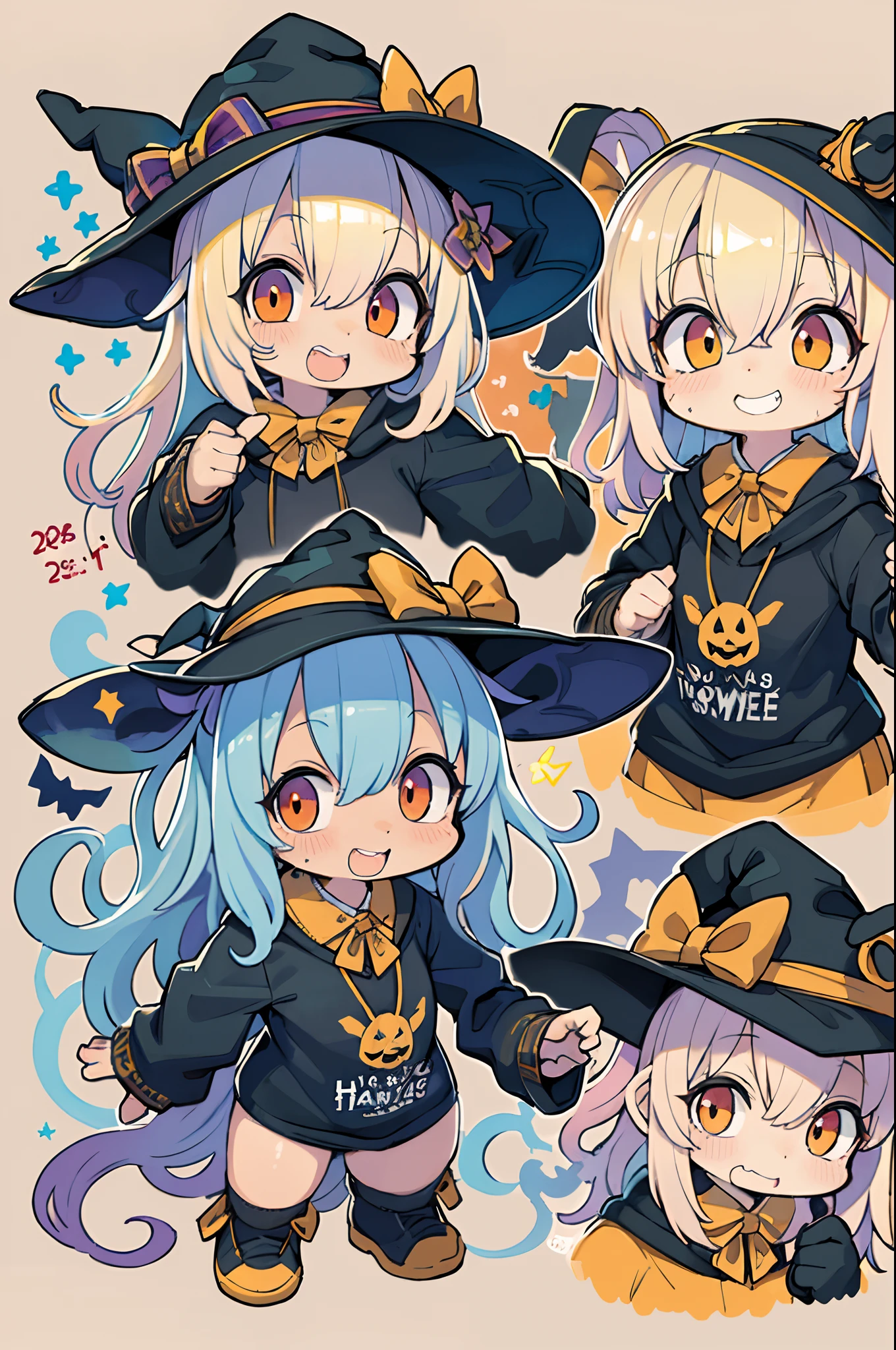 Charming Halloween 8 witch, Random facial expressions, Random coloring, Cartoon style, 2D, planar vector, T-shirt design, Colorful splashes, Fantasy Art, Watercolor effect,Digital Painting, white bg, 8K