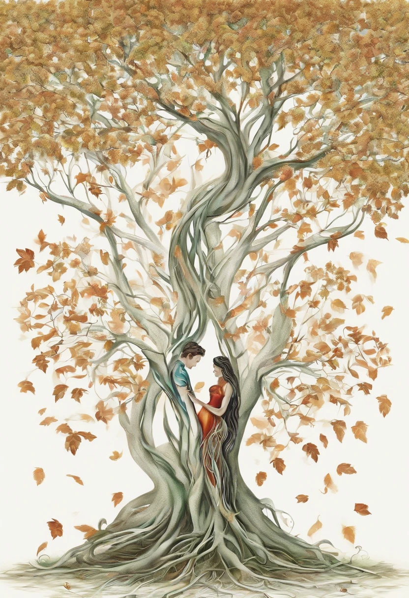 Arbomorph A hug of woman and man turns into a leafy tree, with roots as legs, branches like arms, some leaves fly on a white background,l